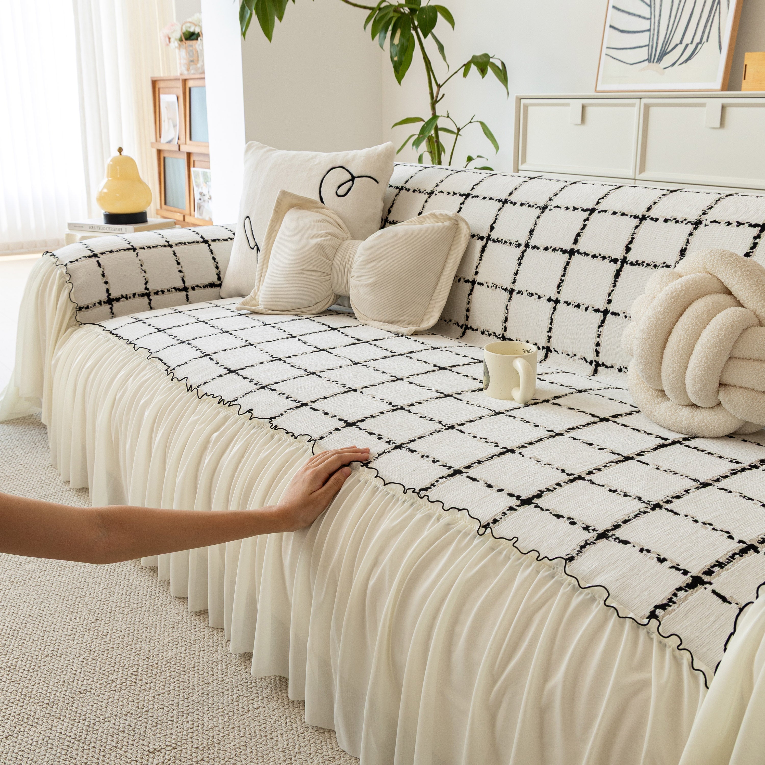 Grid Sofa Cover With Ruffle Skirt – Soft, Decorative, Full-cover Couch Protector