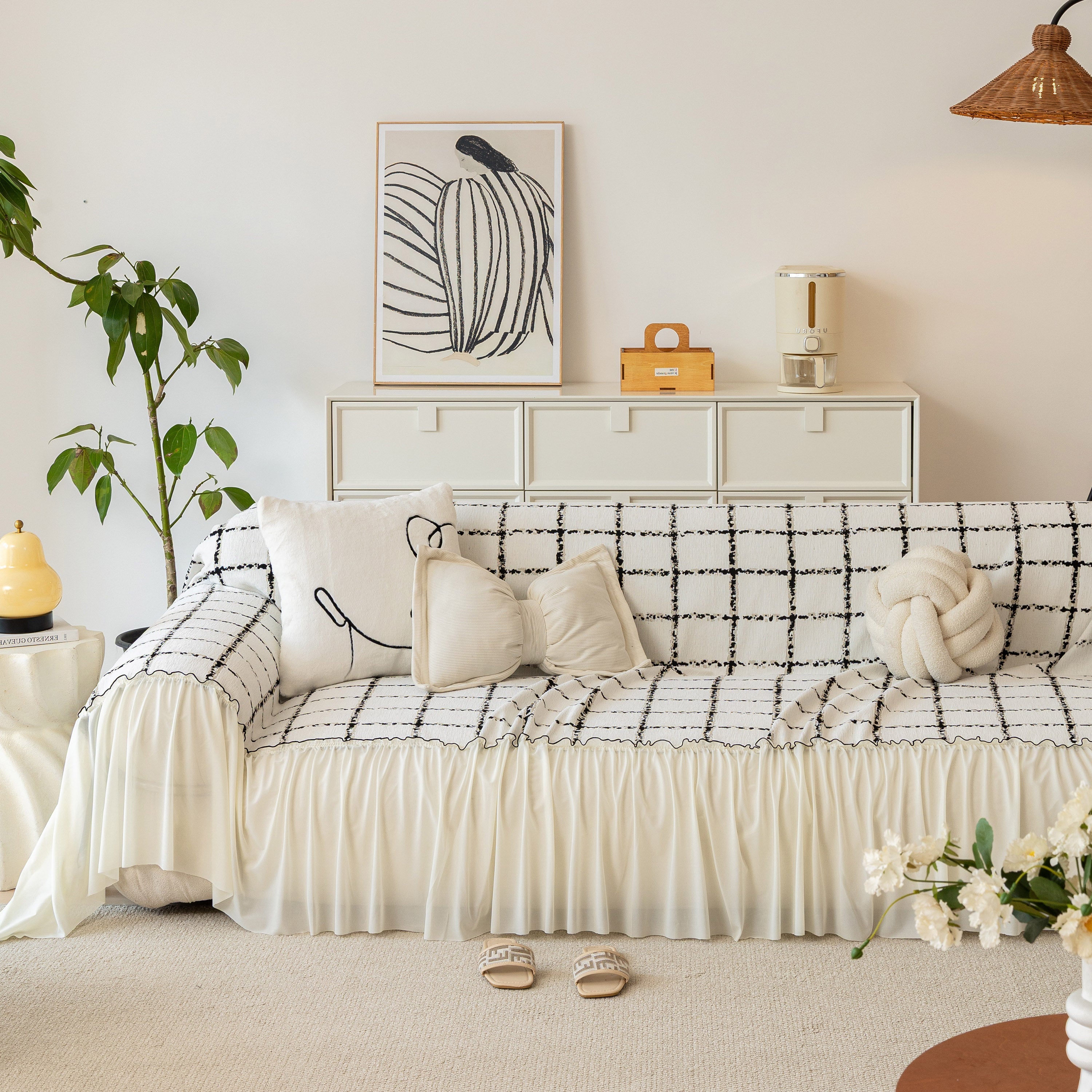 Grid Sofa Cover With Ruffle Skirt – Soft, Decorative, Full-cover Couch Protector
