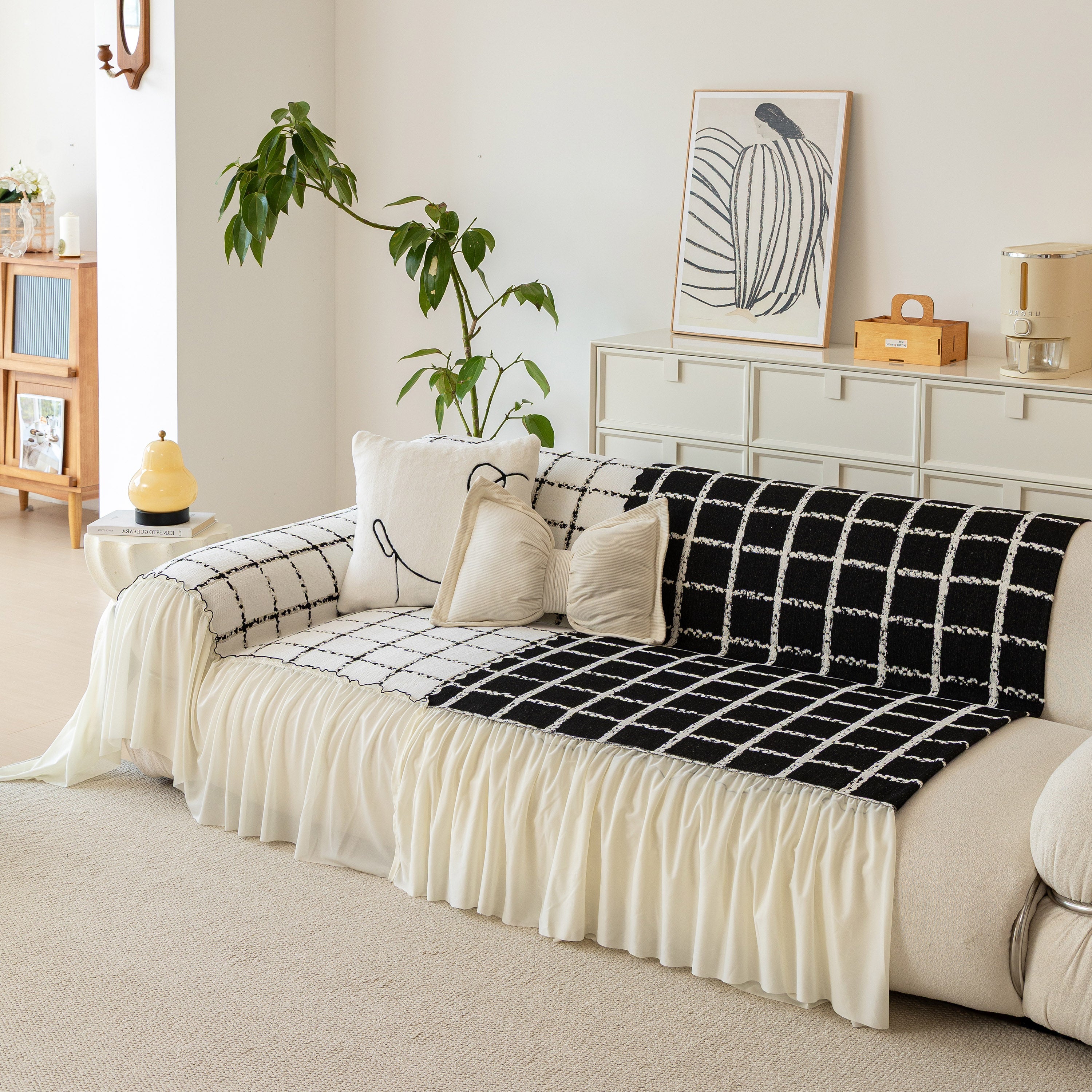 Grid Sofa Cover With Ruffle Skirt – Soft, Decorative, Full-cover Couch Protector