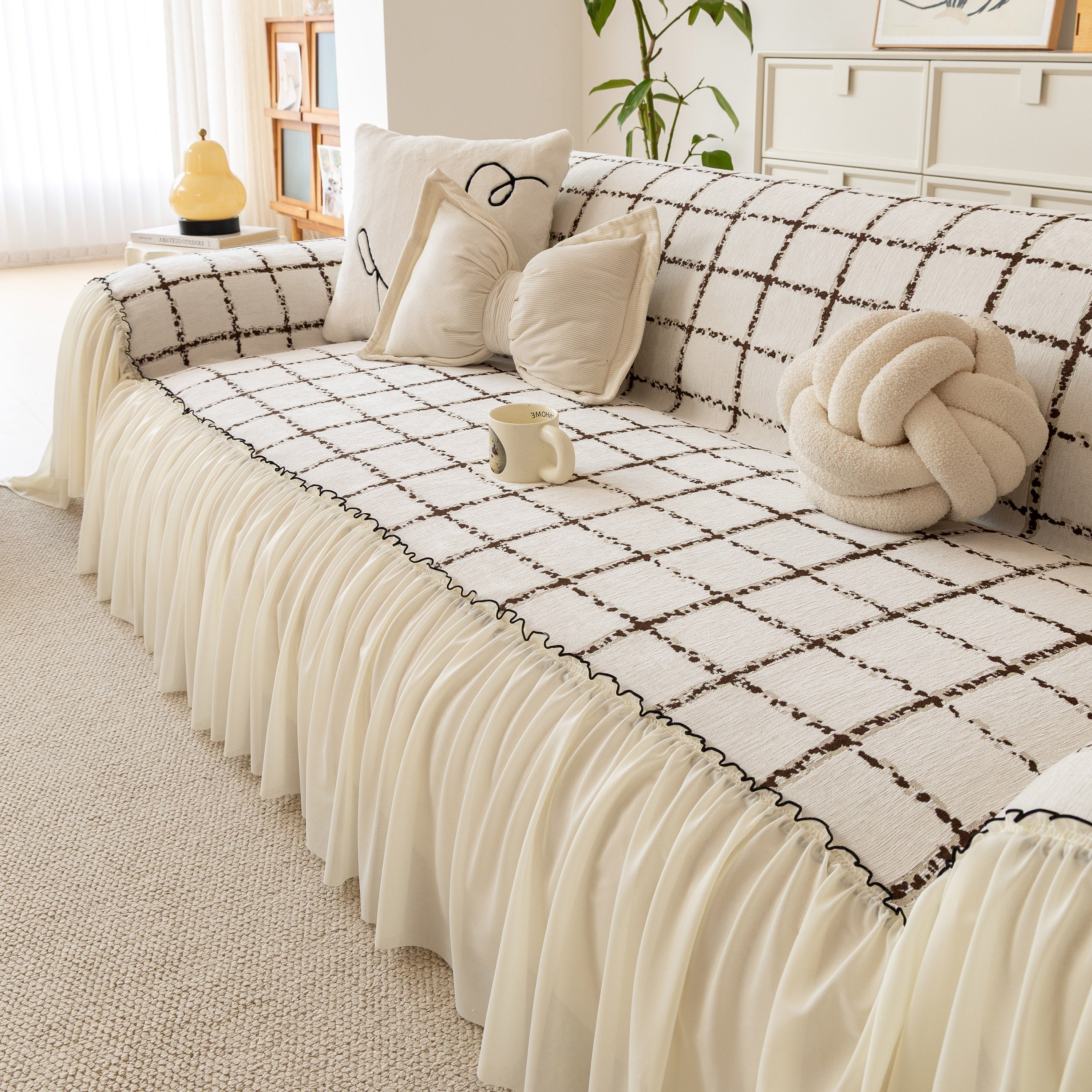 Grid Sofa Cover With Ruffle Skirt – Soft, Decorative, Full-cover Couch Protector