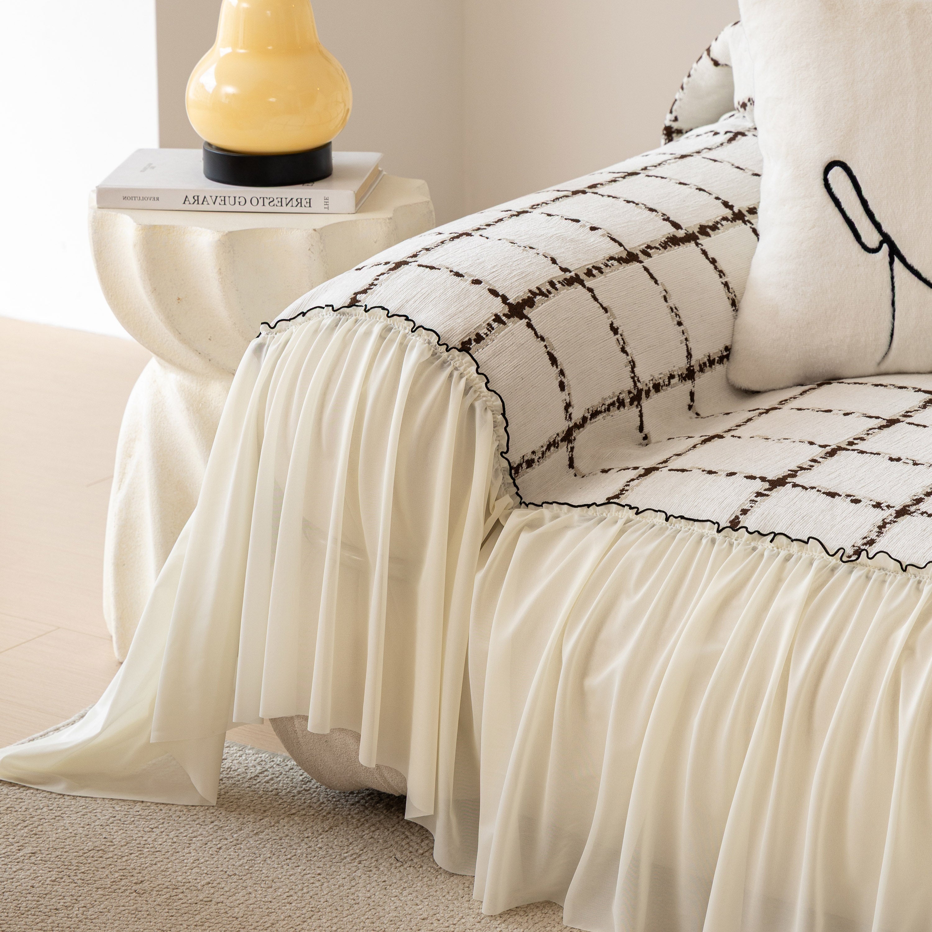 Grid Sofa Cover With Ruffle Skirt – Soft, Decorative, Full-cover Couch Protector