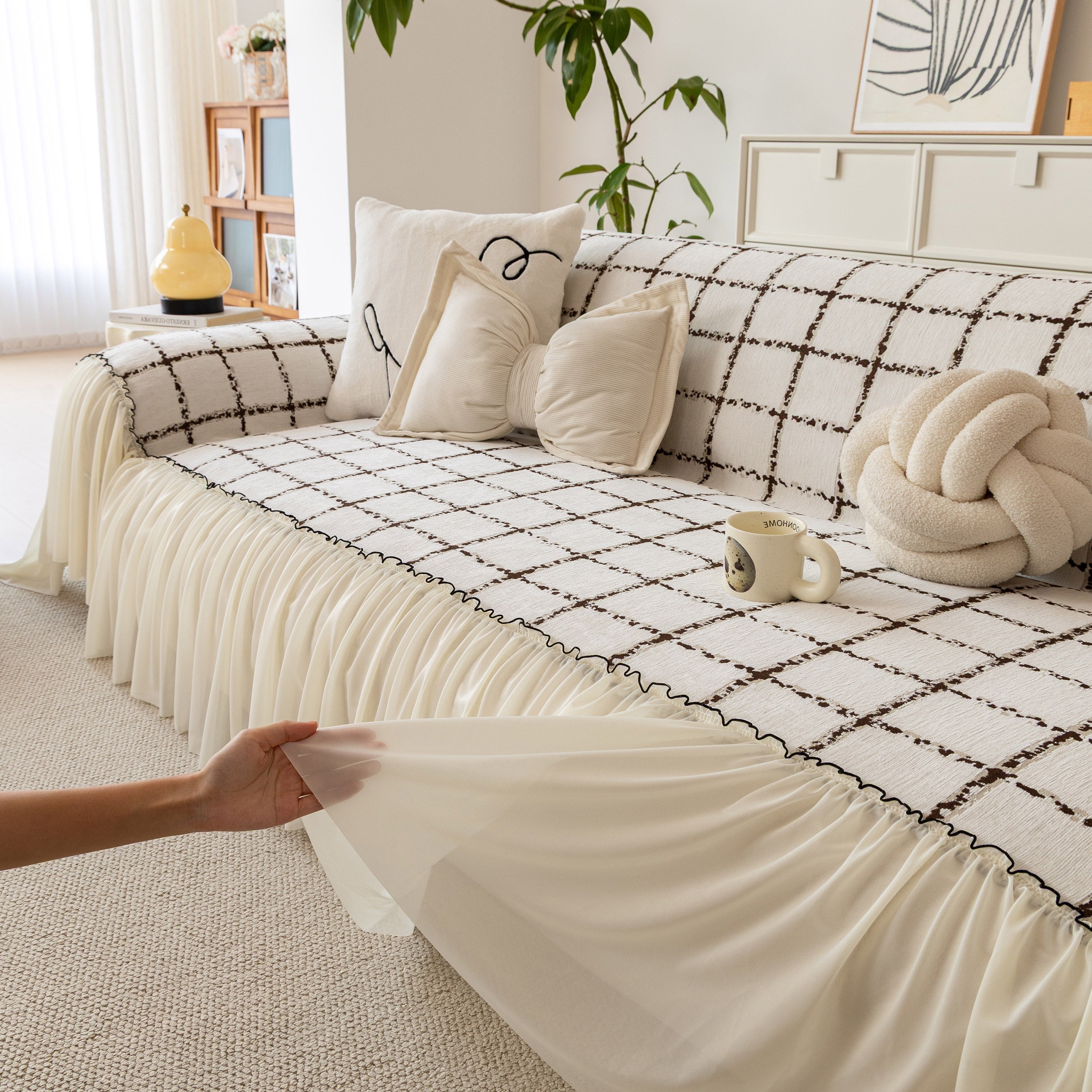 Grid Sofa Cover With Ruffle Skirt – Soft, Decorative, Full-cover Couch Protector