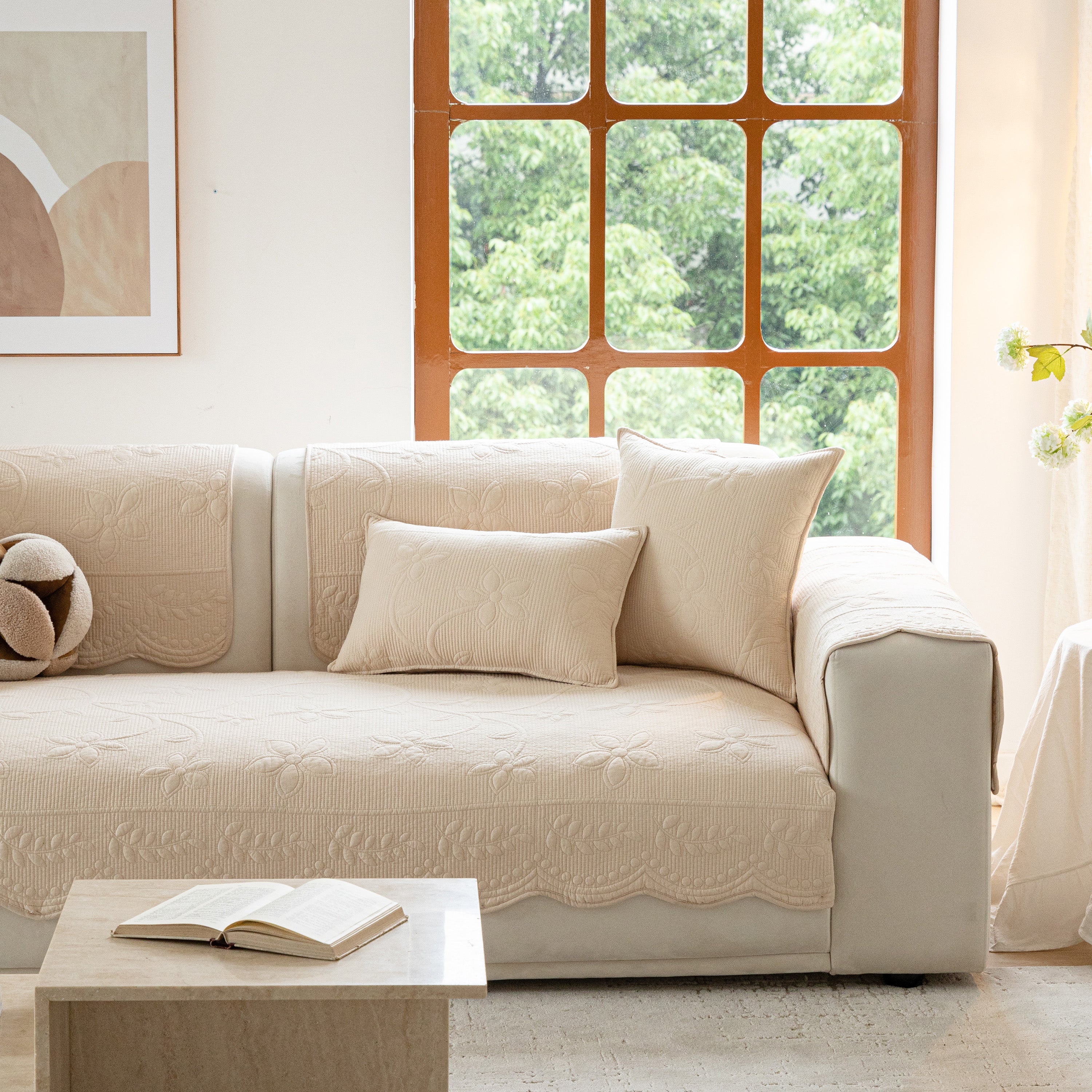 Floral Cotton Quilted Sofa Cover, Non-slip Couch Protector With Scalloped Edges