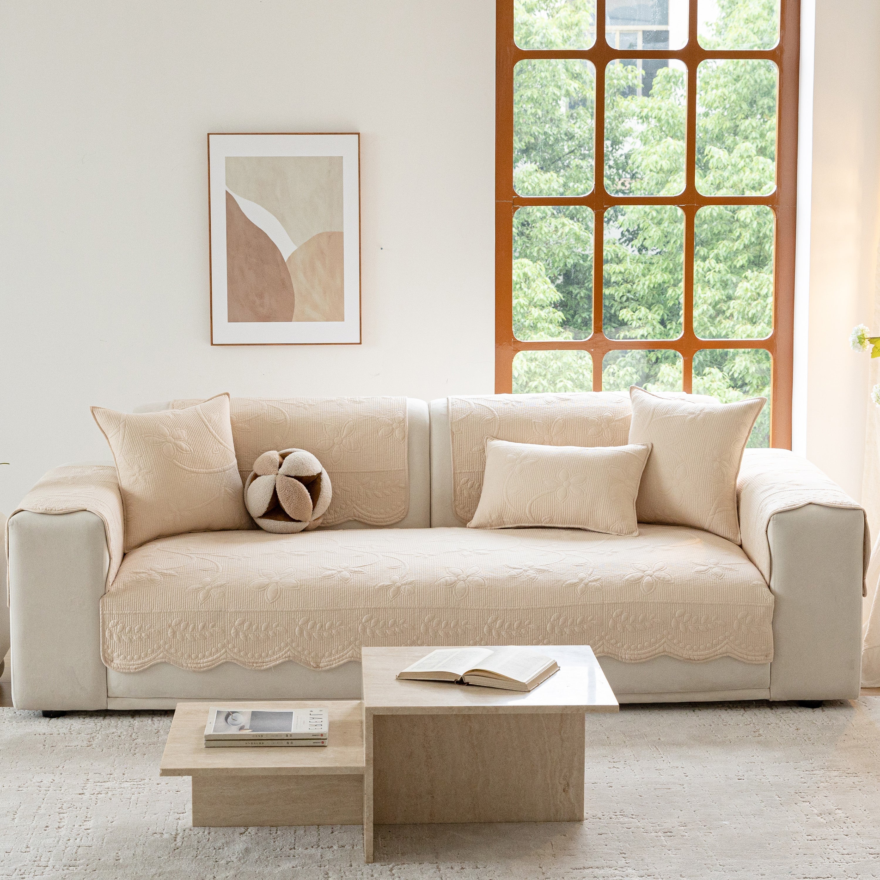 Floral Cotton Quilted Sofa Cover, Non-slip Couch Protector With Scalloped Edges