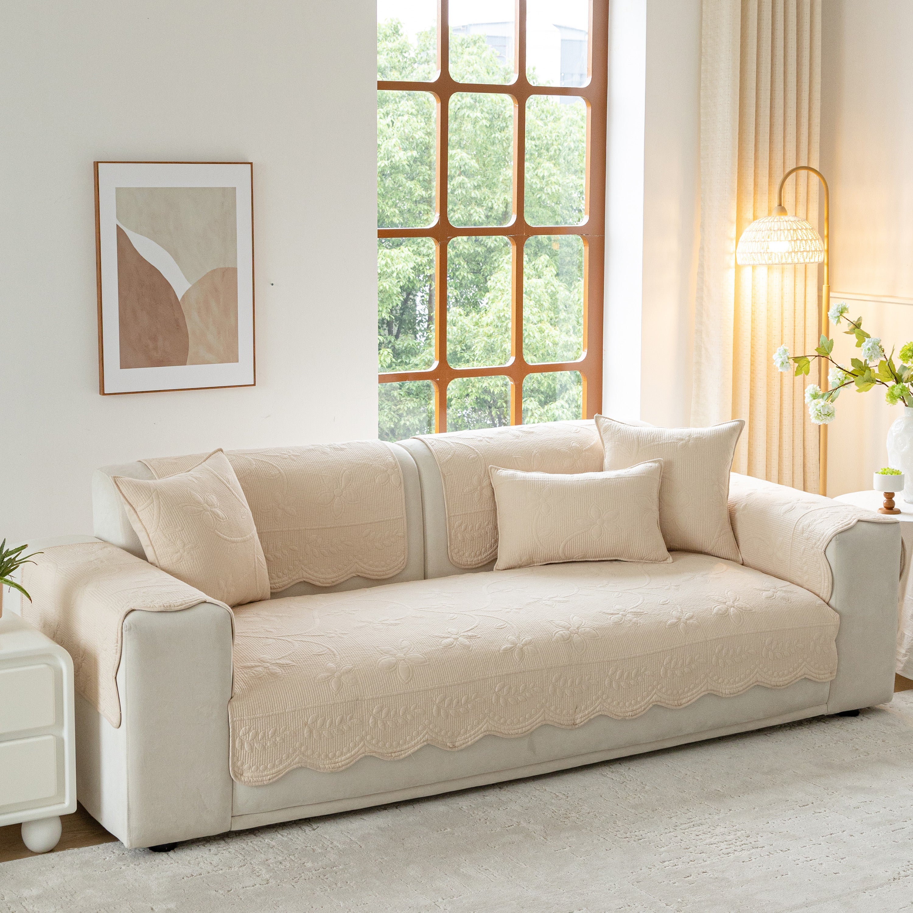 Floral Cotton Quilted Sofa Cover, Non-slip Couch Protector With Scalloped Edges
