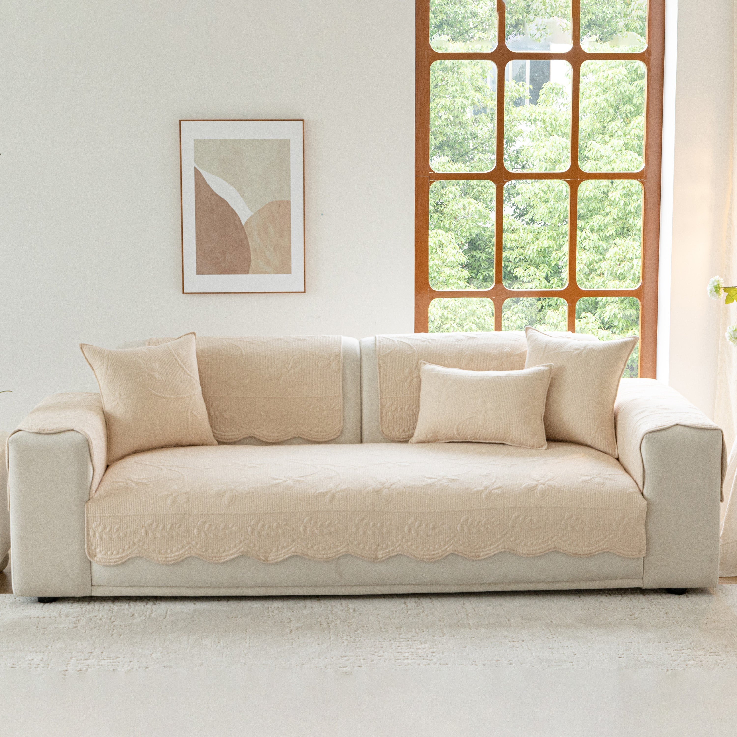 Floral Cotton Quilted Sofa Cover, Non-slip Couch Protector With Scalloped Edges