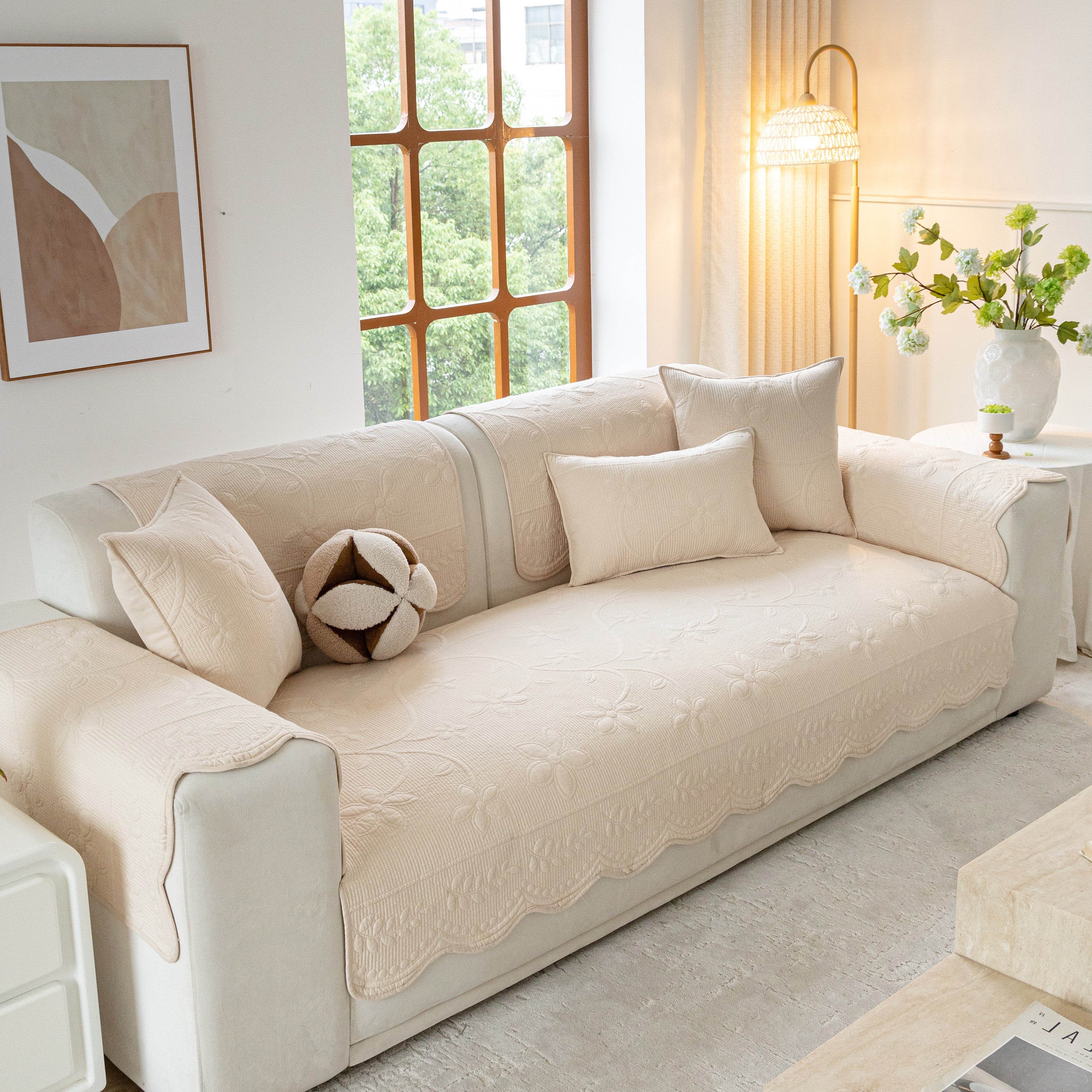 Floral Cotton Quilted Sofa Cover, Non-slip Couch Protector With Scalloped Edges