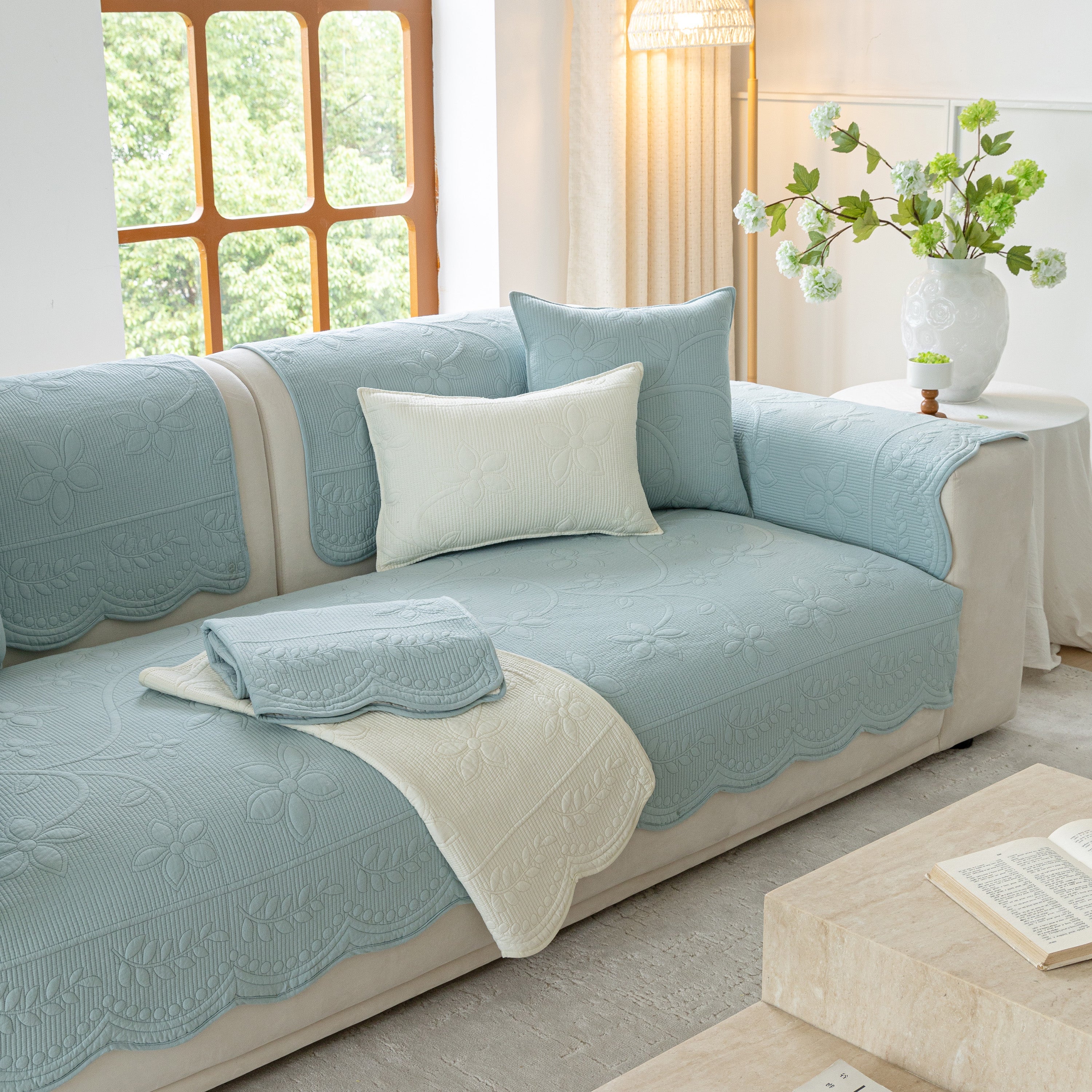 Floral Cotton Quilted Sofa Cover, Non-slip Couch Protector With Scalloped Edges