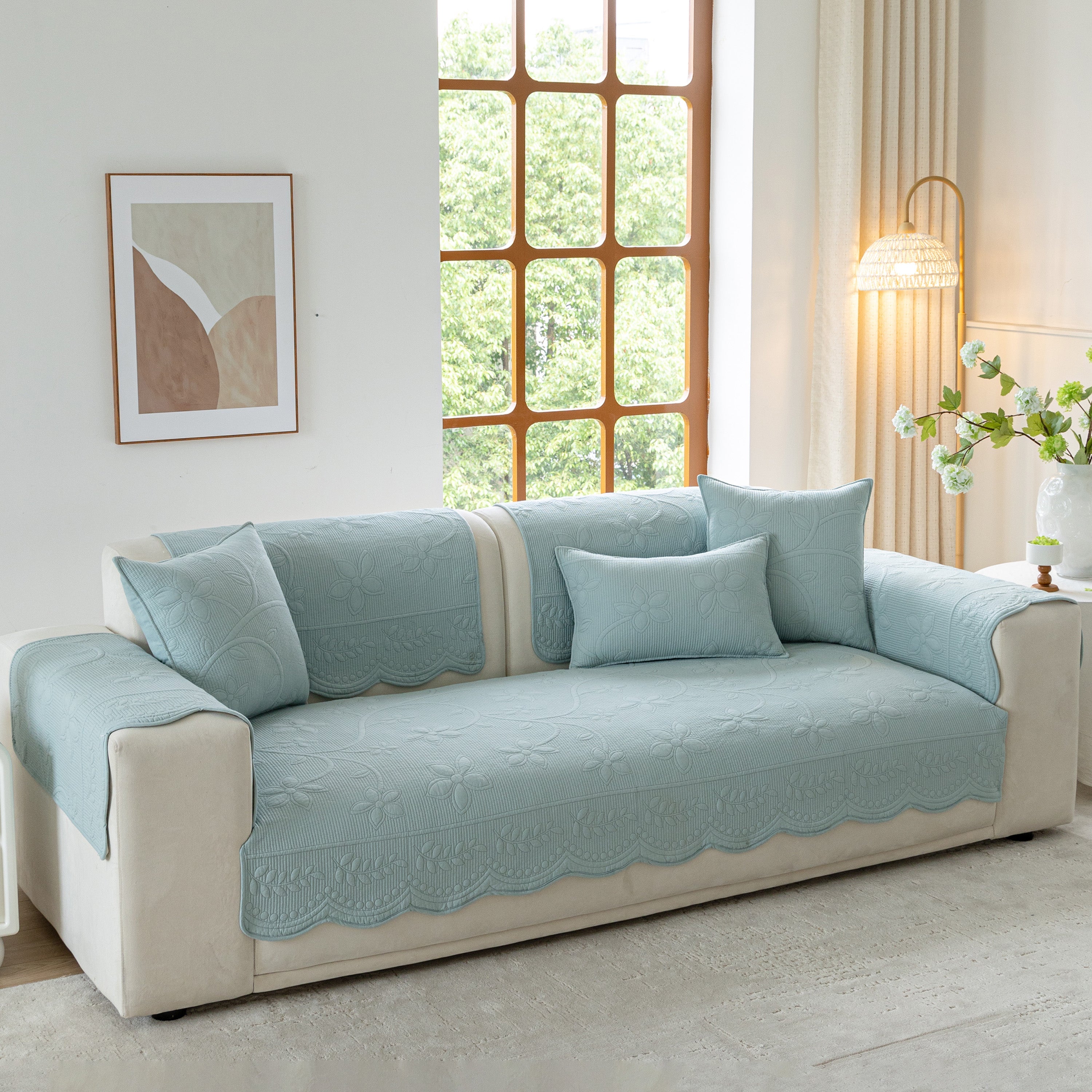 Floral Cotton Quilted Sofa Cover, Non-slip Couch Protector With Scalloped Edges