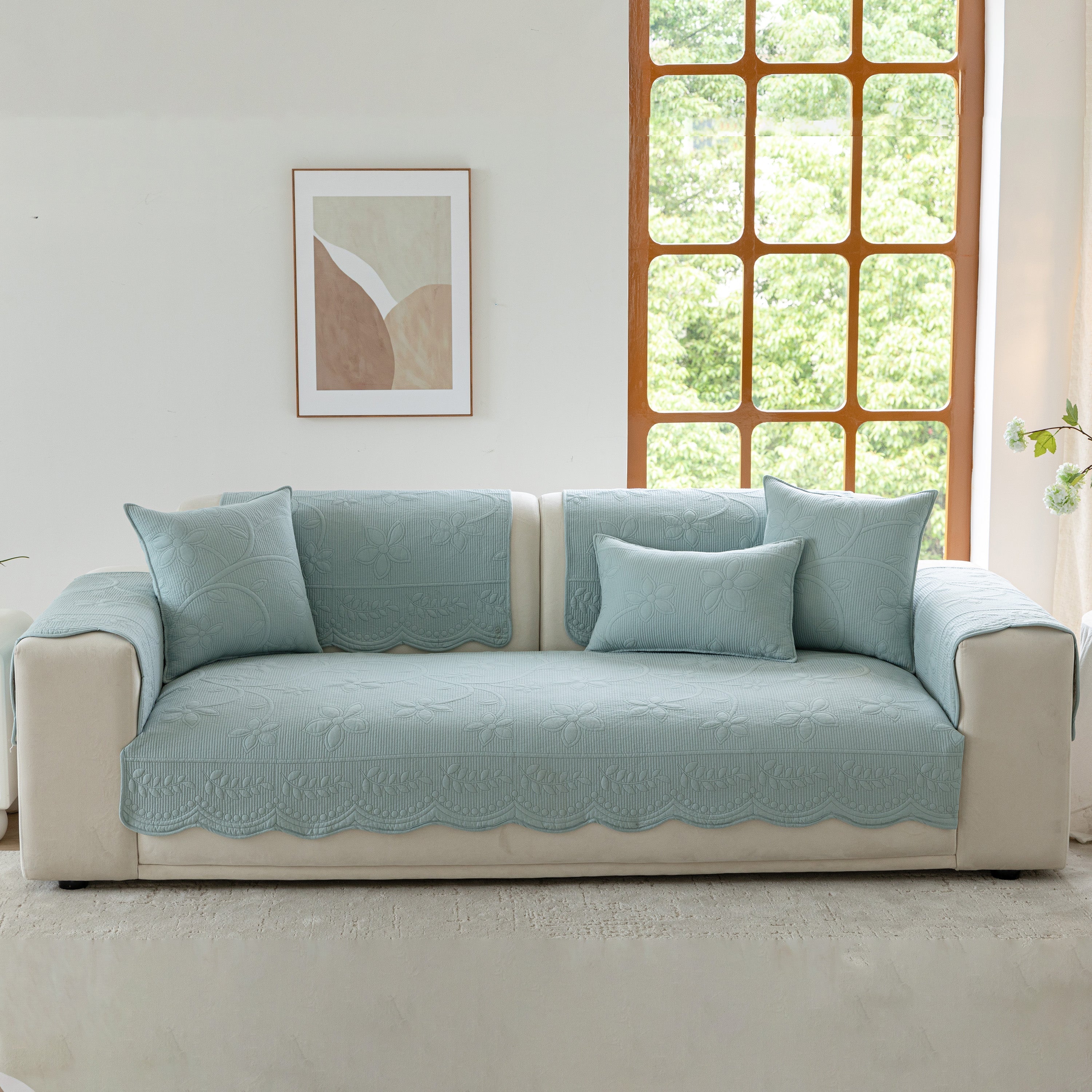 Floral Cotton Quilted Sofa Cover, Non-slip Couch Protector With Scalloped Edges