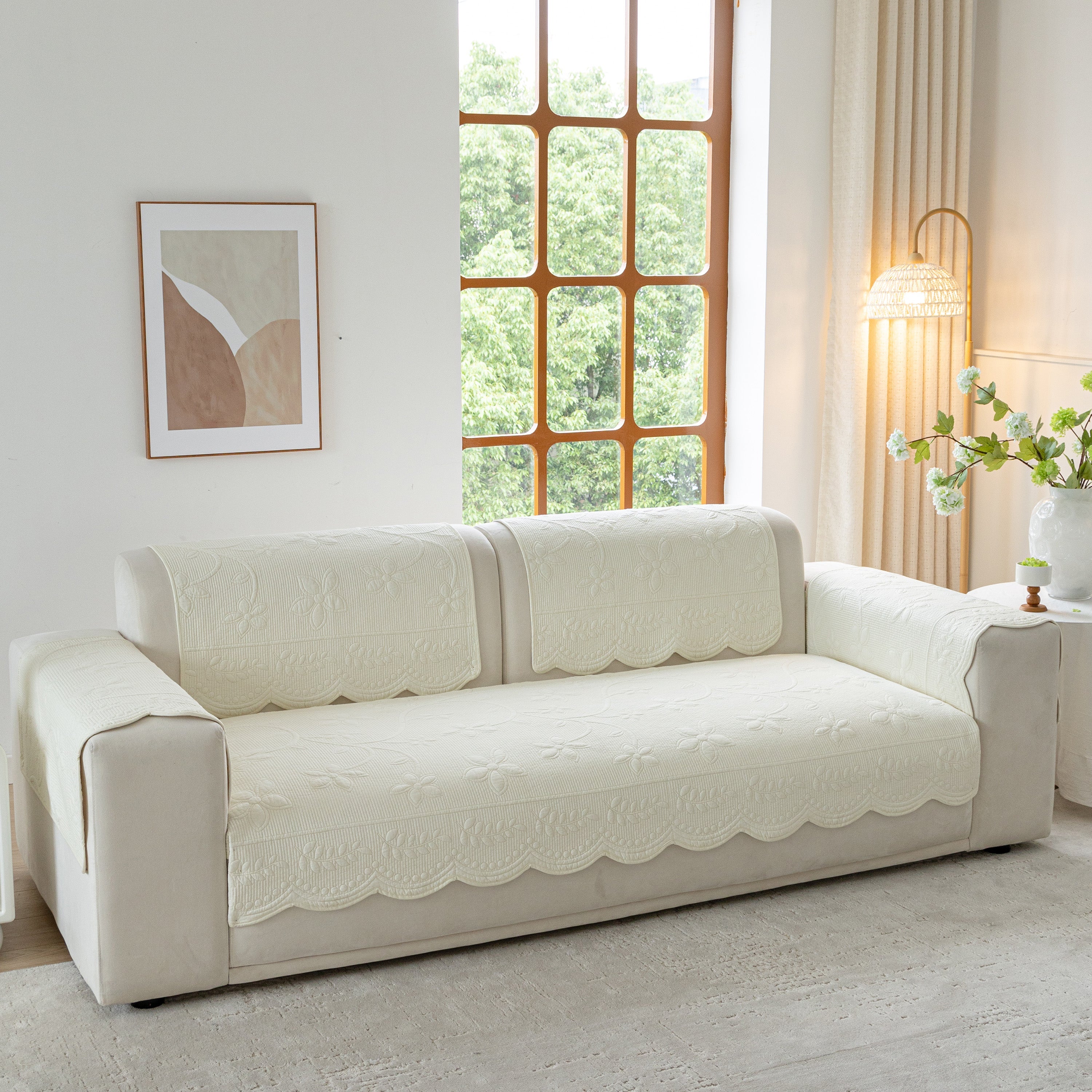 Floral Cotton Quilted Sofa Cover, Non-slip Couch Protector With Scalloped Edges