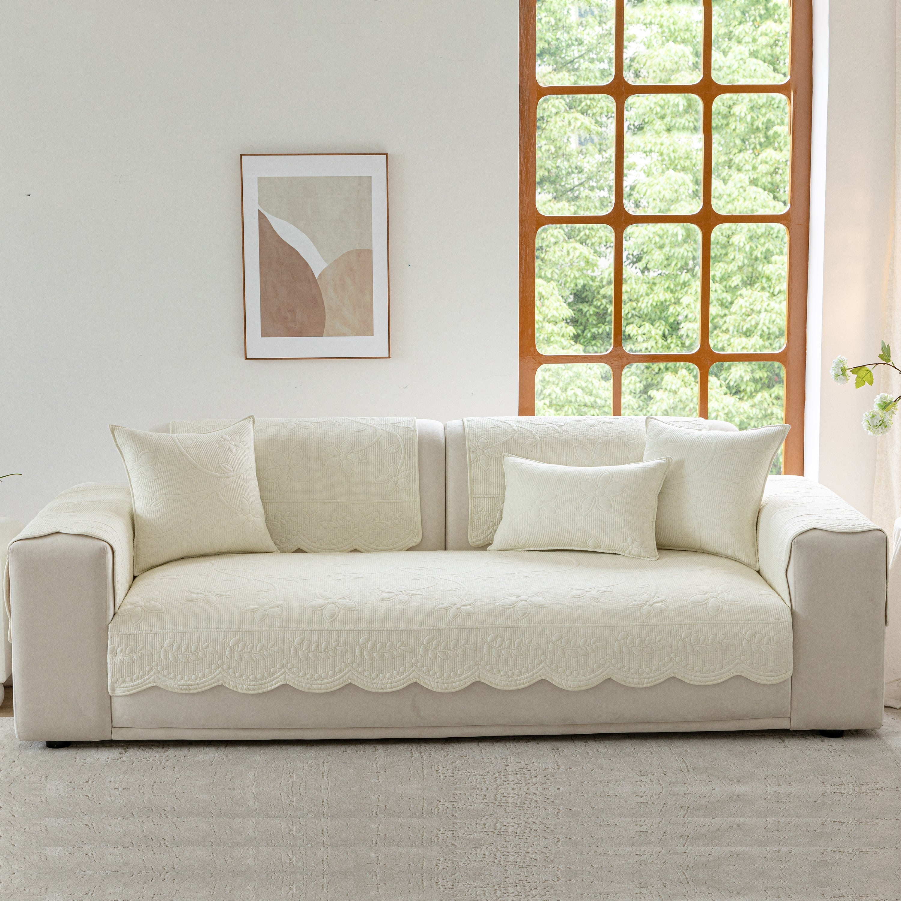 Floral Cotton Quilted Sofa Cover, Non-slip Couch Protector With Scalloped Edges