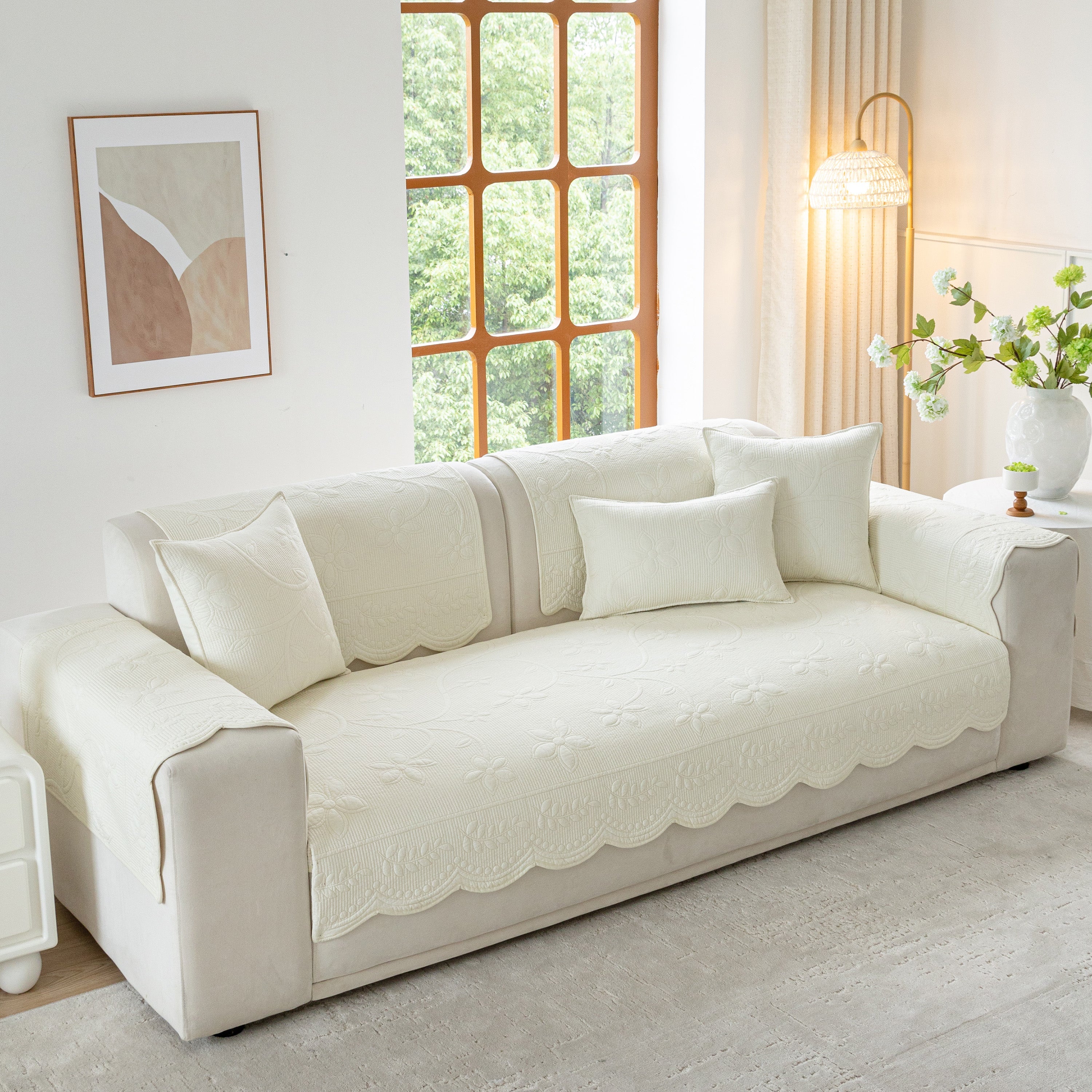 Floral Cotton Quilted Sofa Cover, Non-slip Couch Protector With Scalloped Edges