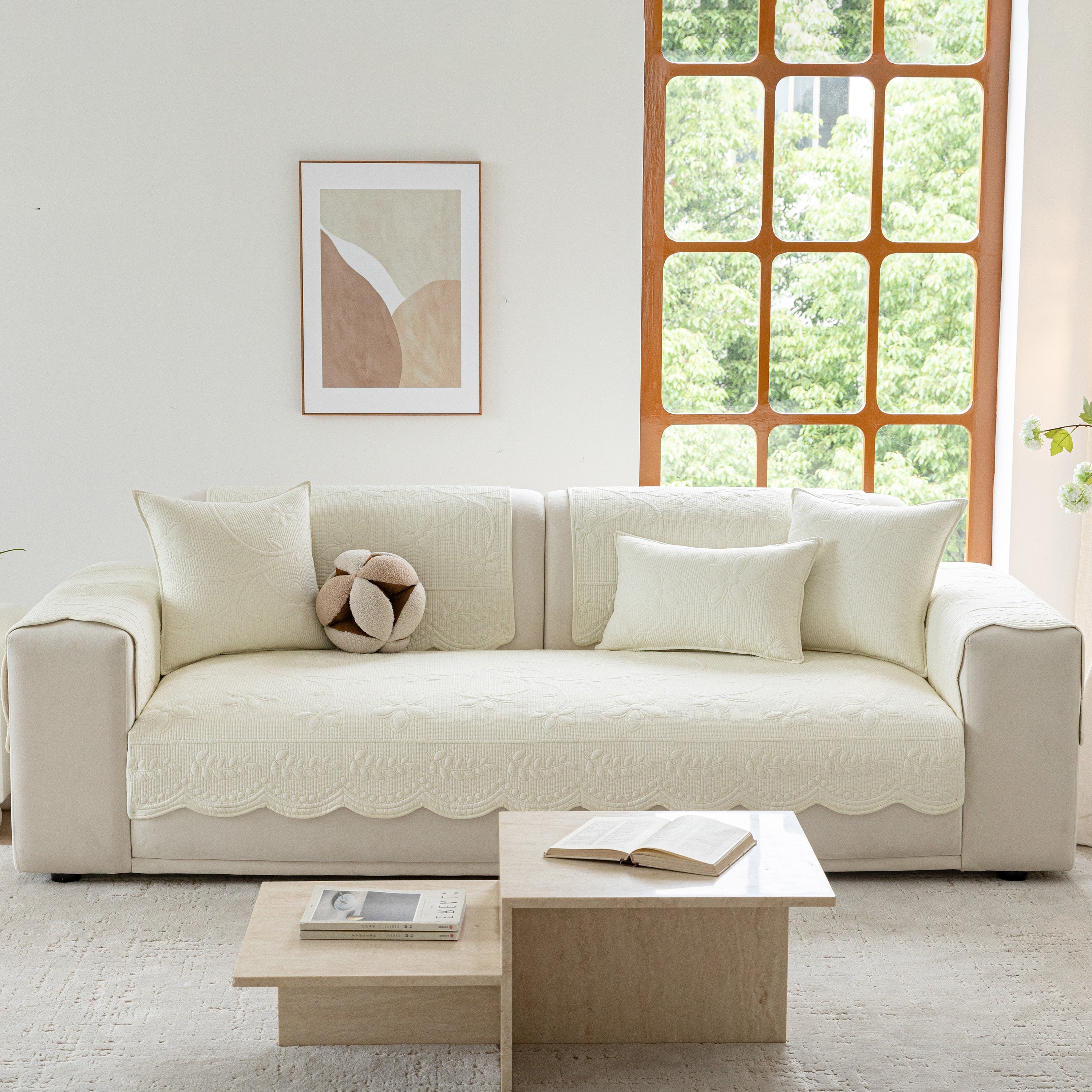 Floral Cotton Quilted Sofa Cover, Non-slip Couch Protector With Scalloped Edges