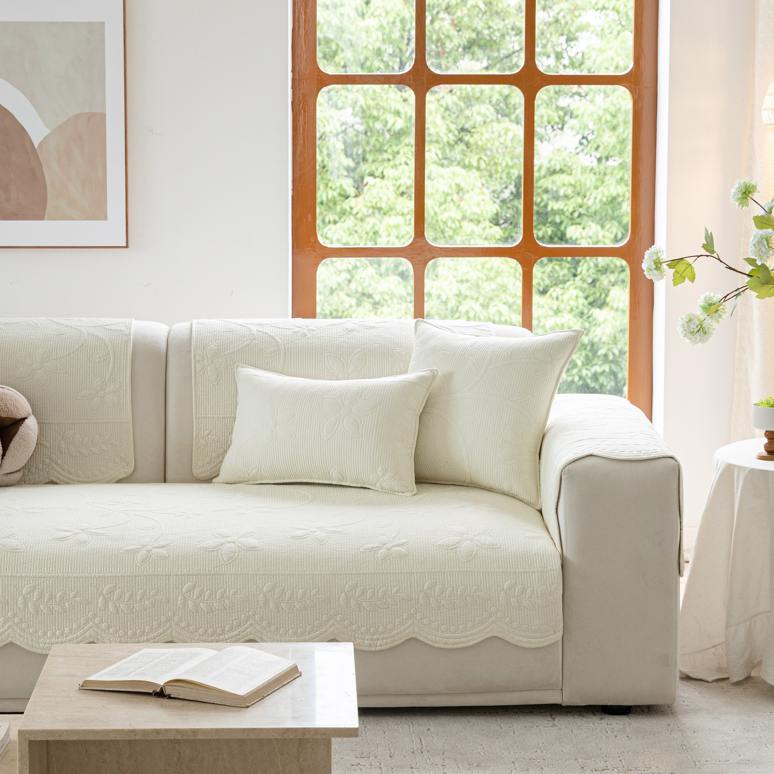 Floral Cotton Quilted Sofa Cover, Non-slip Couch Protector With Scalloped Edges