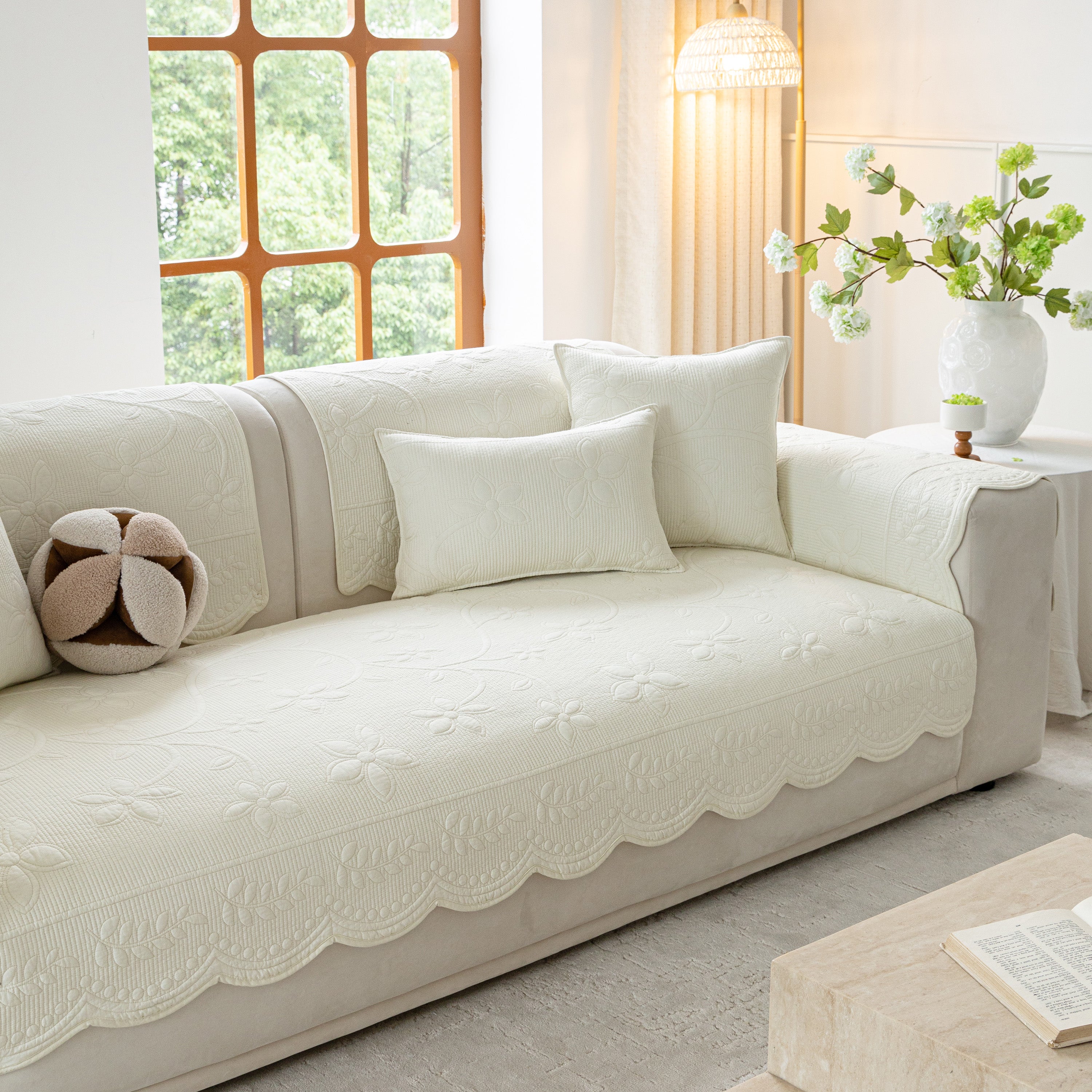 Floral Cotton Quilted Sofa Cover, Non-slip Couch Protector With Scalloped Edges