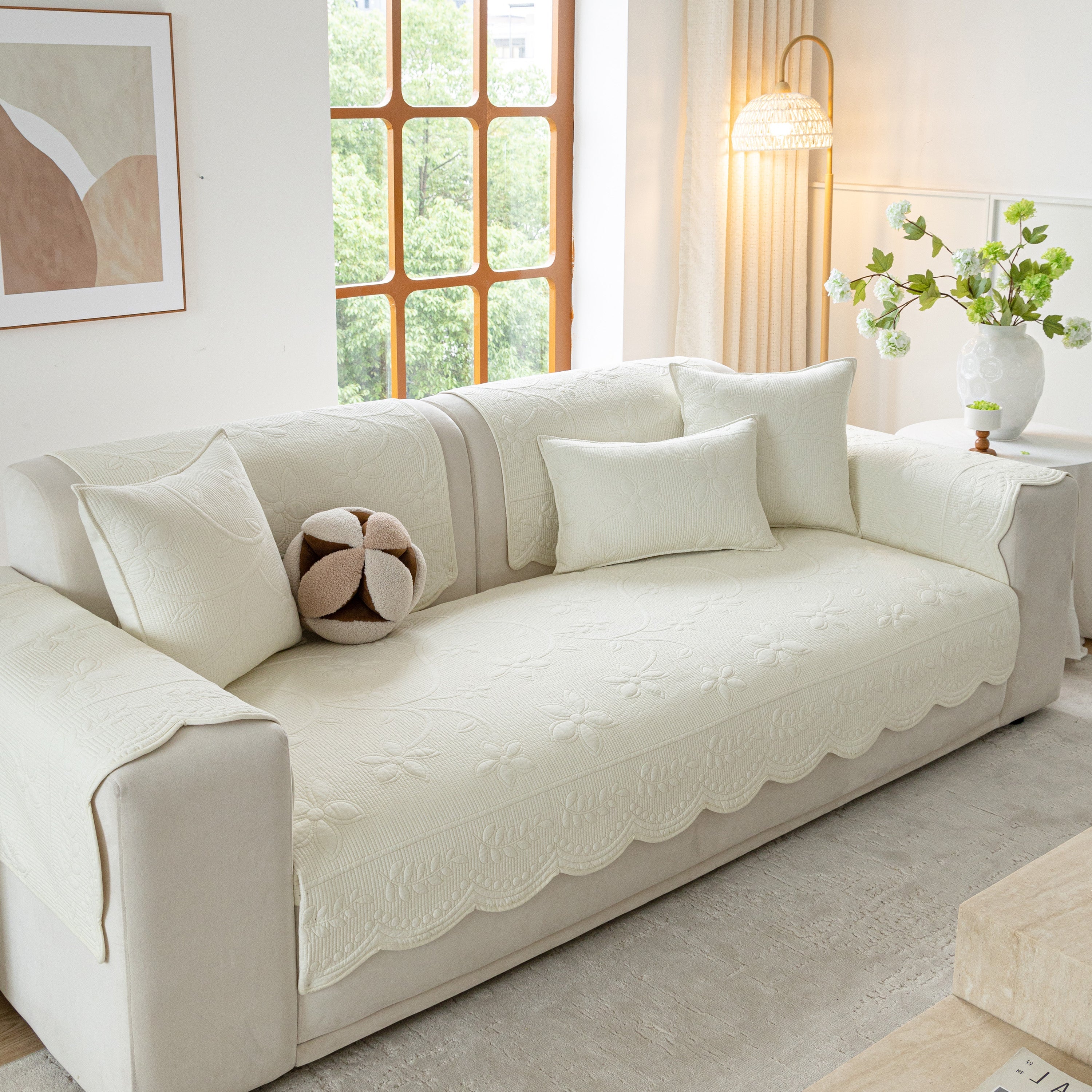 Floral Cotton Quilted Sofa Cover, Non-slip Couch Protector With Scalloped Edges