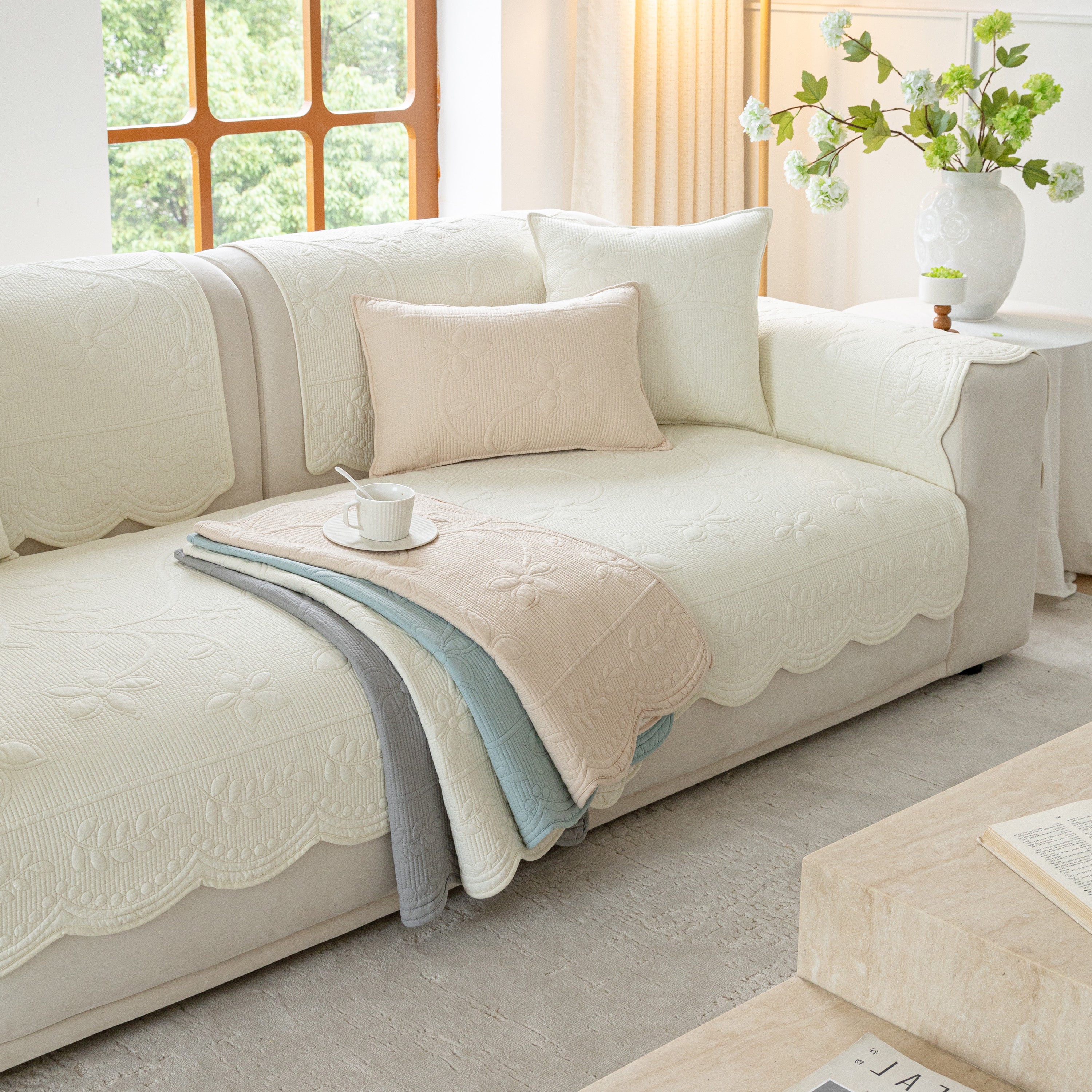 Floral Cotton Quilted Sofa Cover, Non-slip Couch Protector With Scalloped Edges