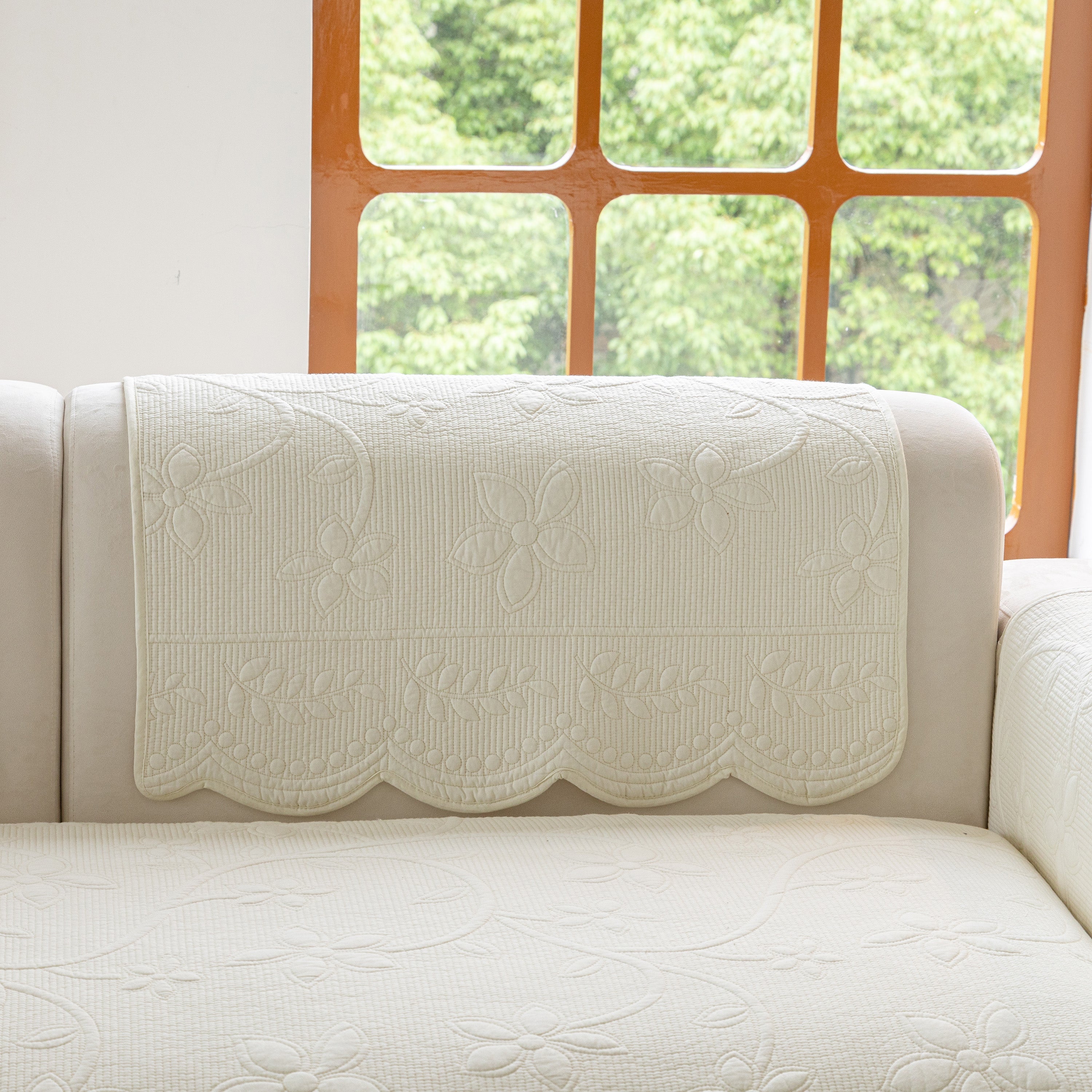 Floral Cotton Quilted Sofa Cover, Non-slip Couch Protector With Scalloped Edges