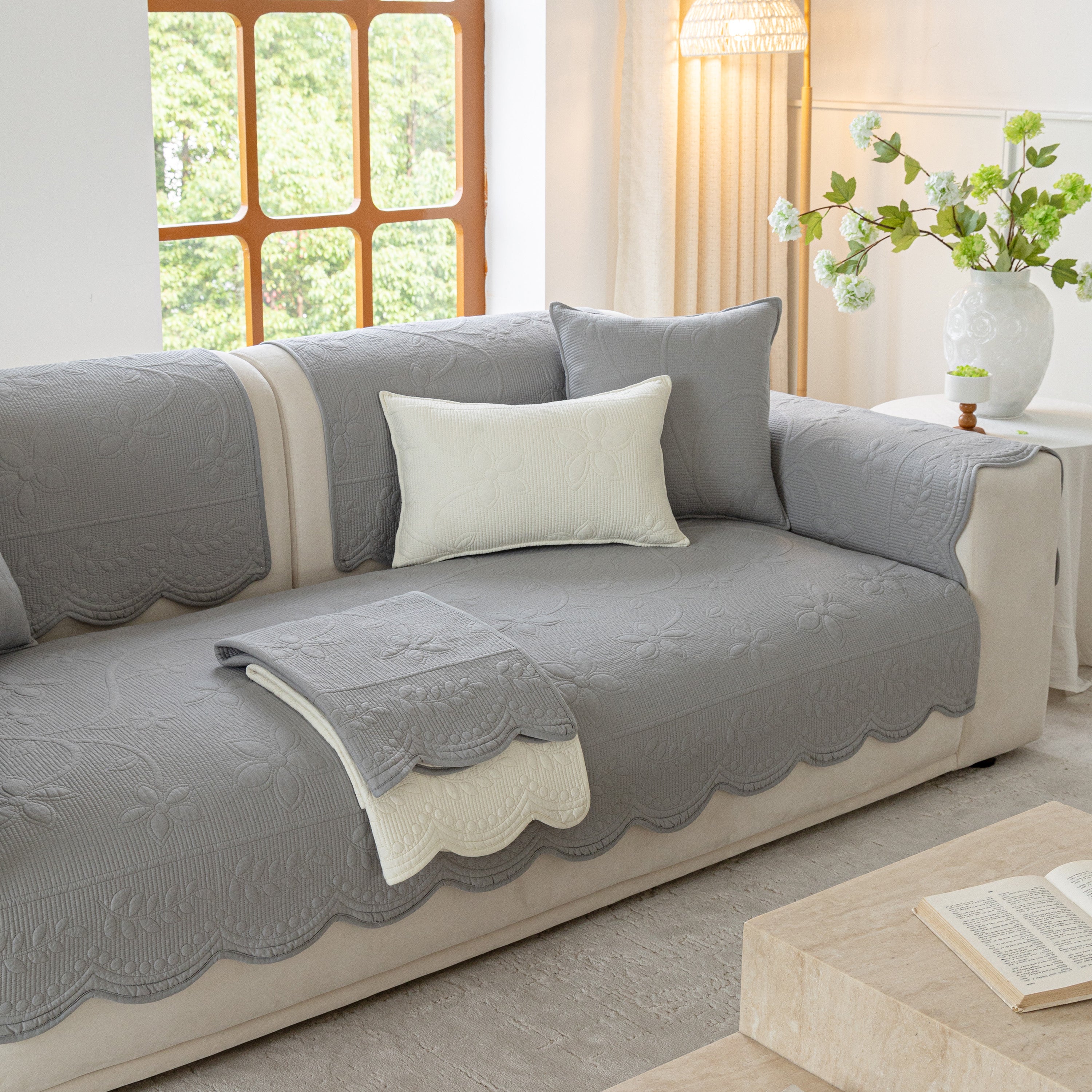 Floral Cotton Quilted Sofa Cover, Non-slip Couch Protector With Scalloped Edges