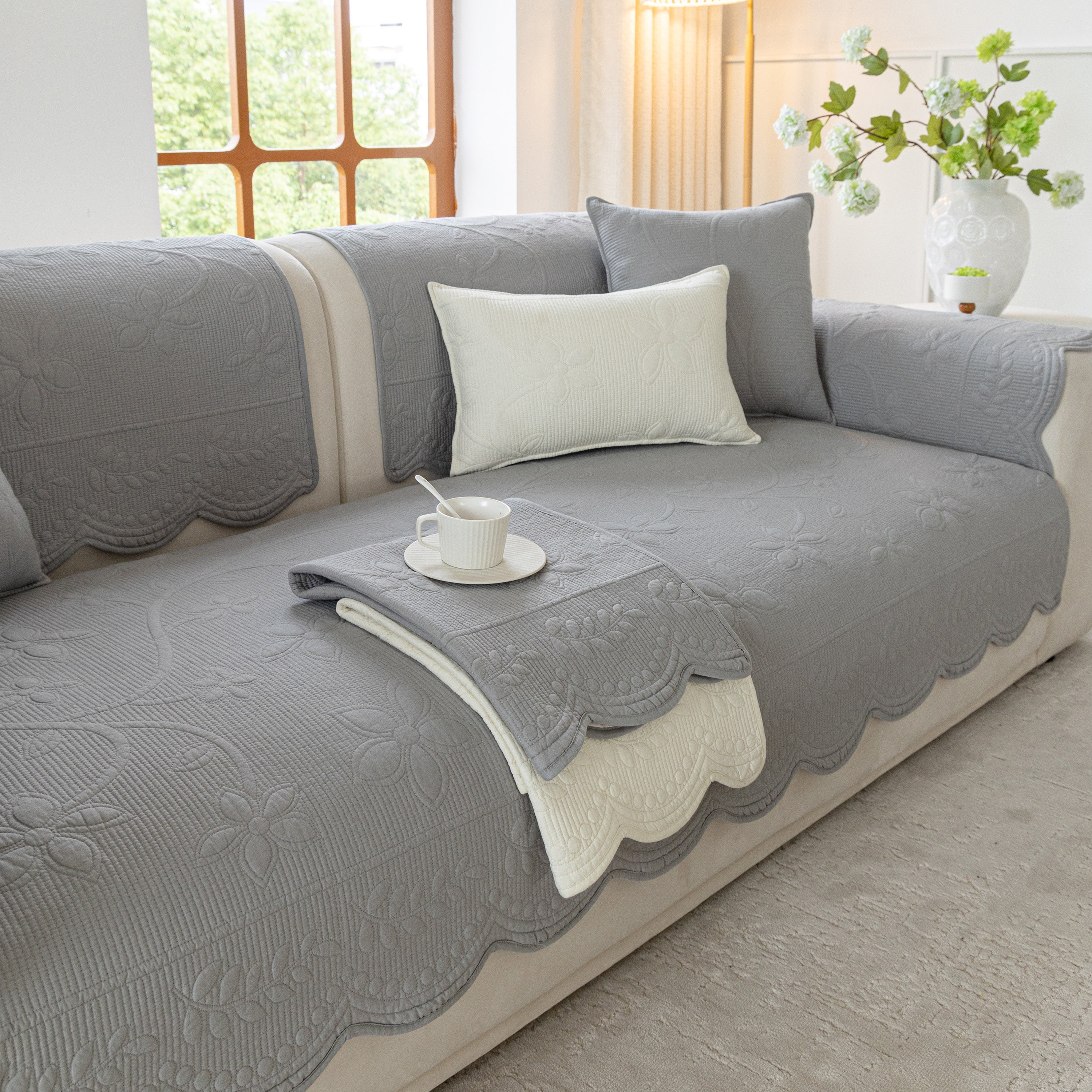 Floral Cotton Quilted Sofa Cover, Non-slip Couch Protector With Scalloped Edges