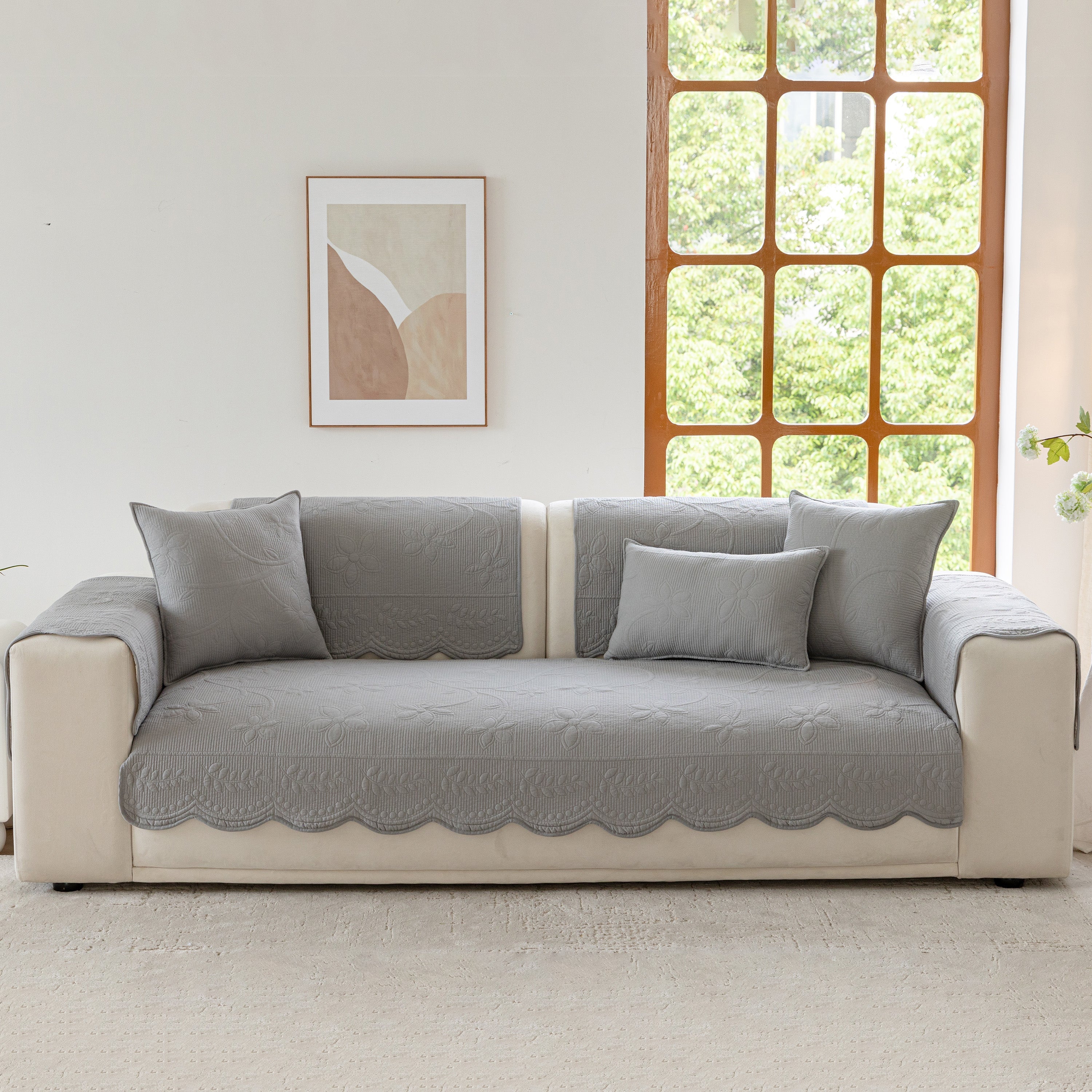 Floral Cotton Quilted Sofa Cover, Non-slip Couch Protector With Scalloped Edges