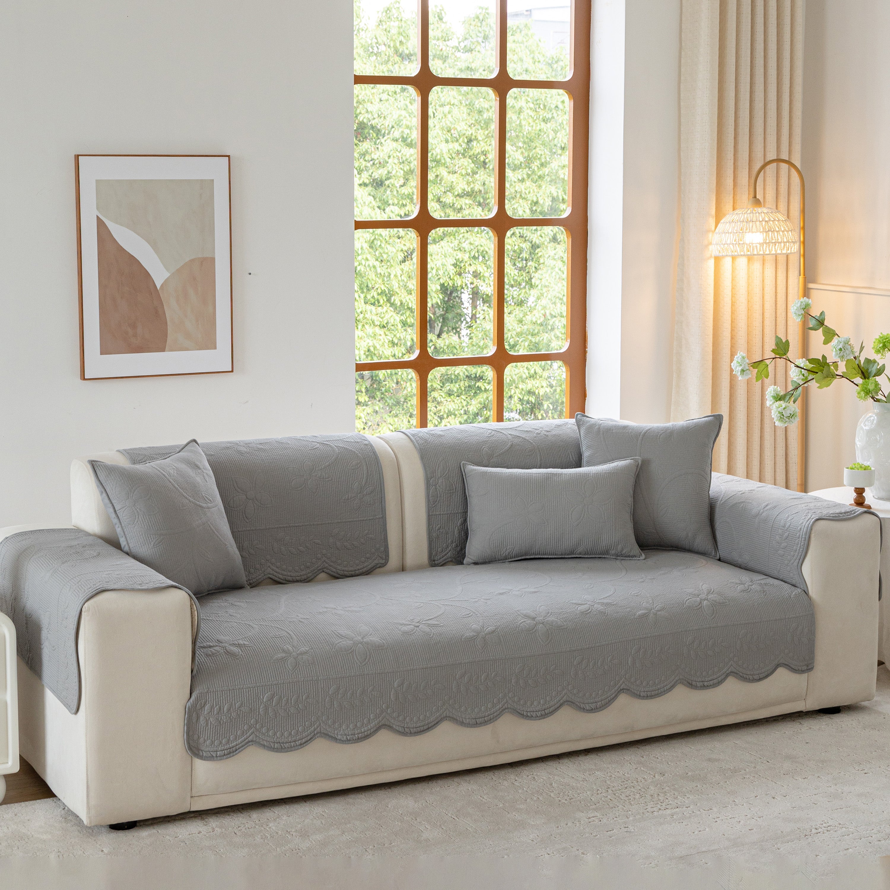 Floral Cotton Quilted Sofa Cover, Non-slip Couch Protector With Scalloped Edges