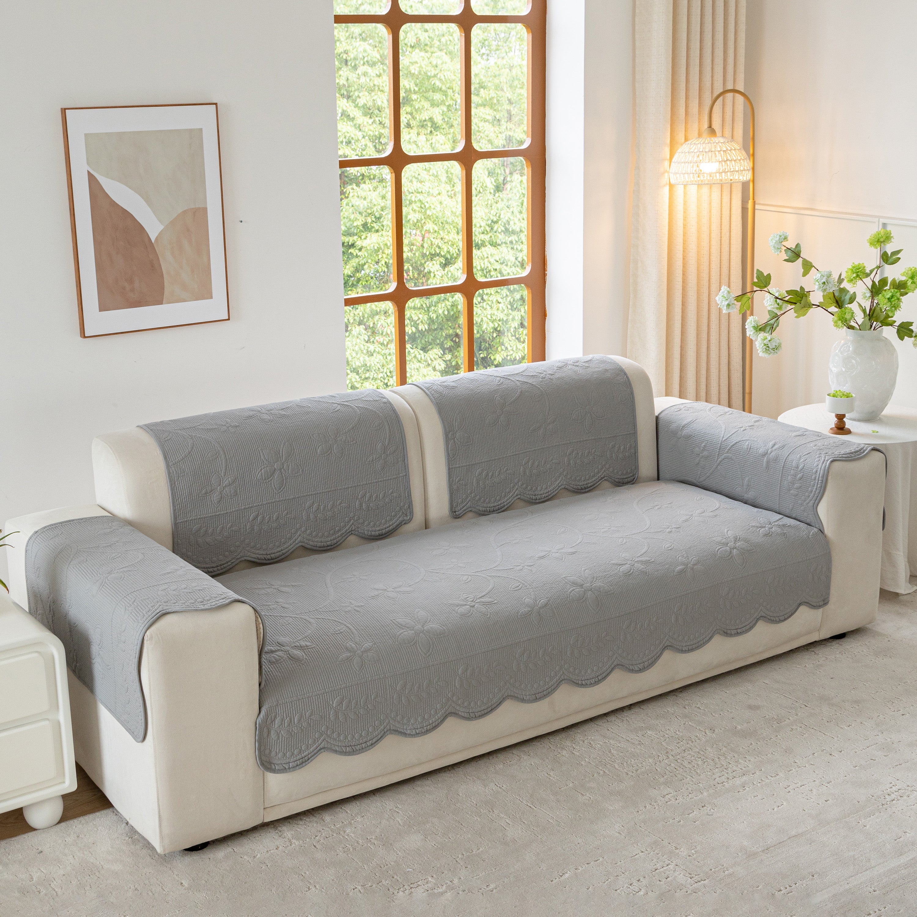 Floral Cotton Quilted Sofa Cover, Non-slip Couch Protector With Scalloped Edges