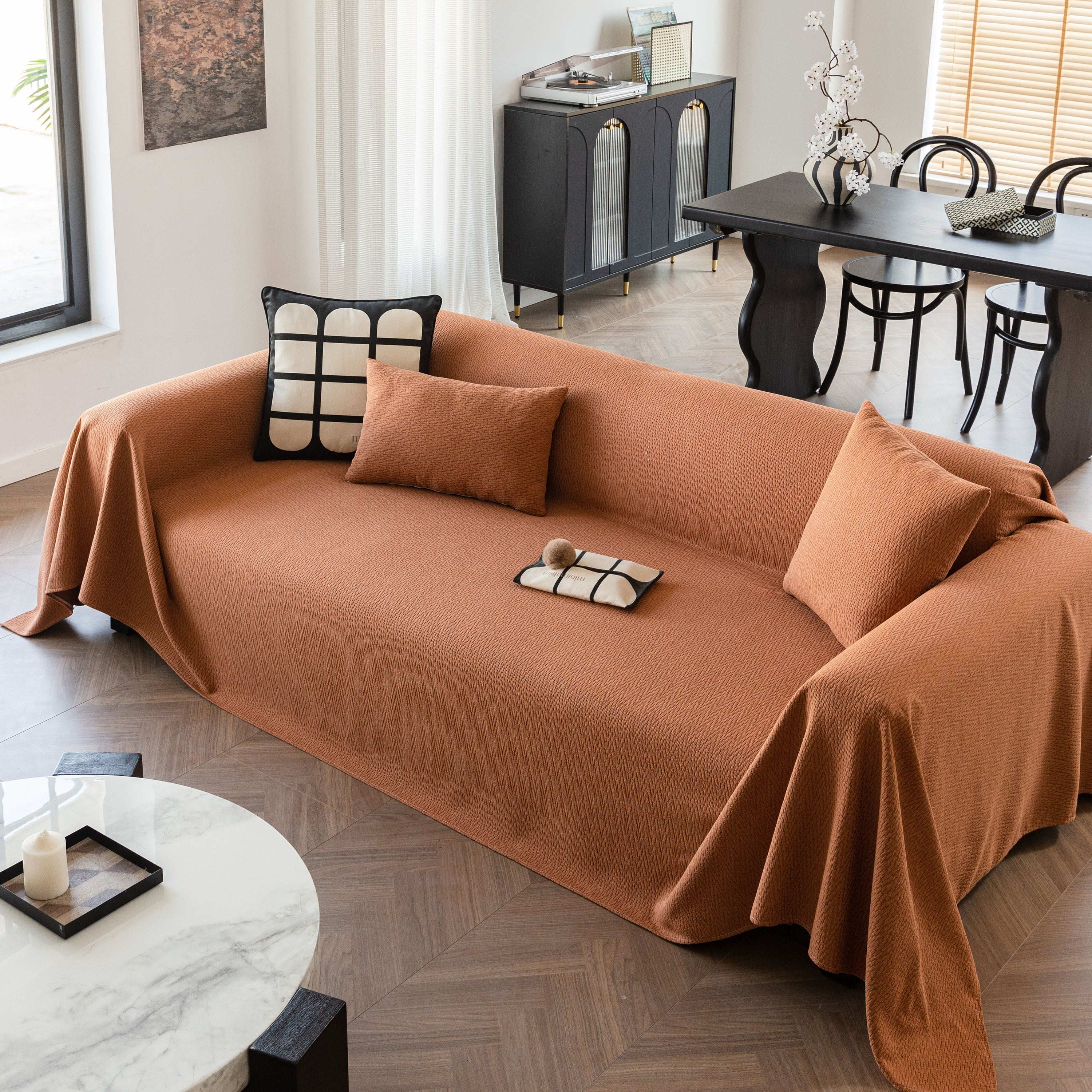Herringbone Textured Sofa Throw Blanket, Durable Pet Friendly Modern Couch Slipcover