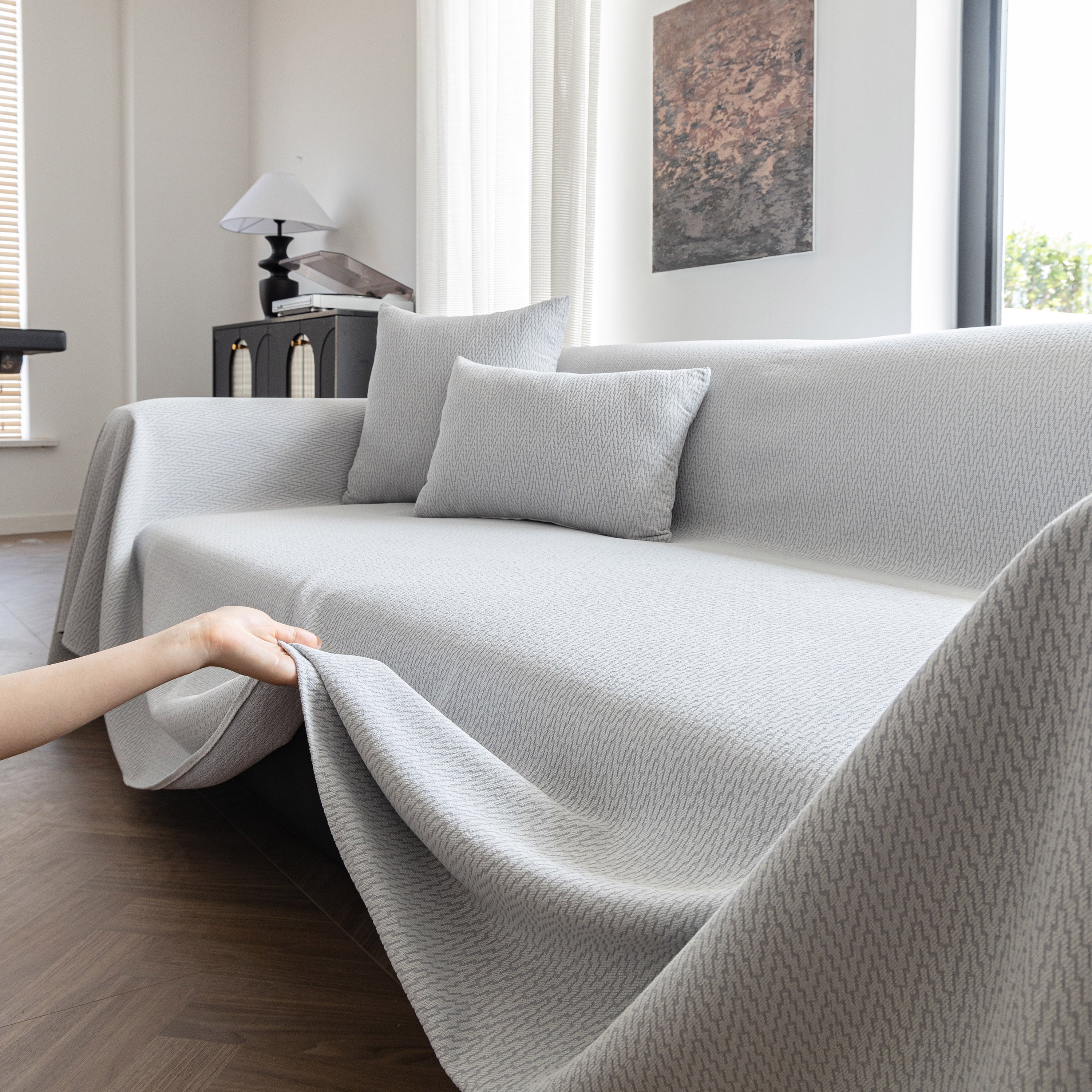 Herringbone Textured Sofa Throw Blanket, Durable Pet Friendly Modern Couch Slipcover