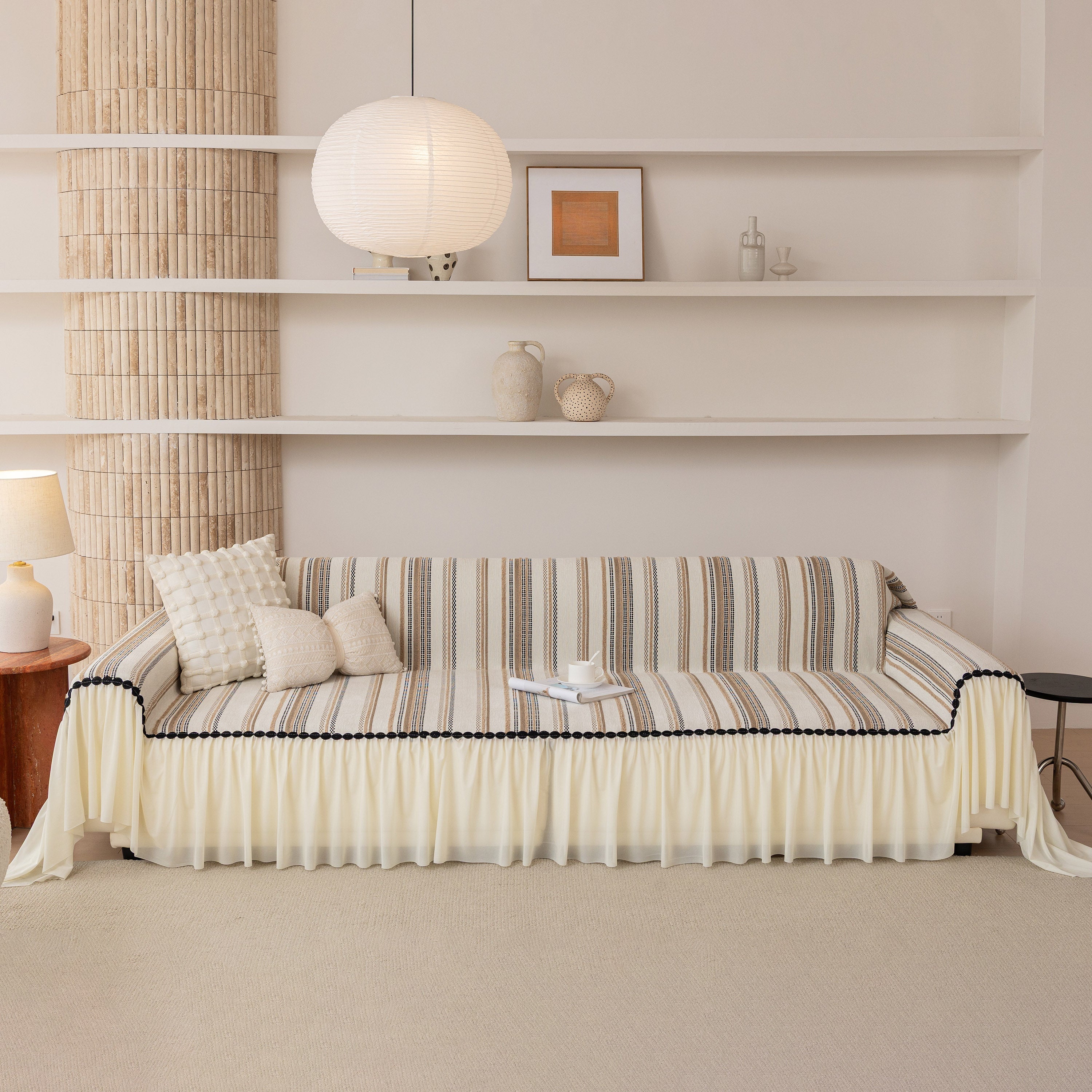 Boho Striped Couch Cover With Sheer Ruffle Skirt, Decorative Couch Throw Blanket