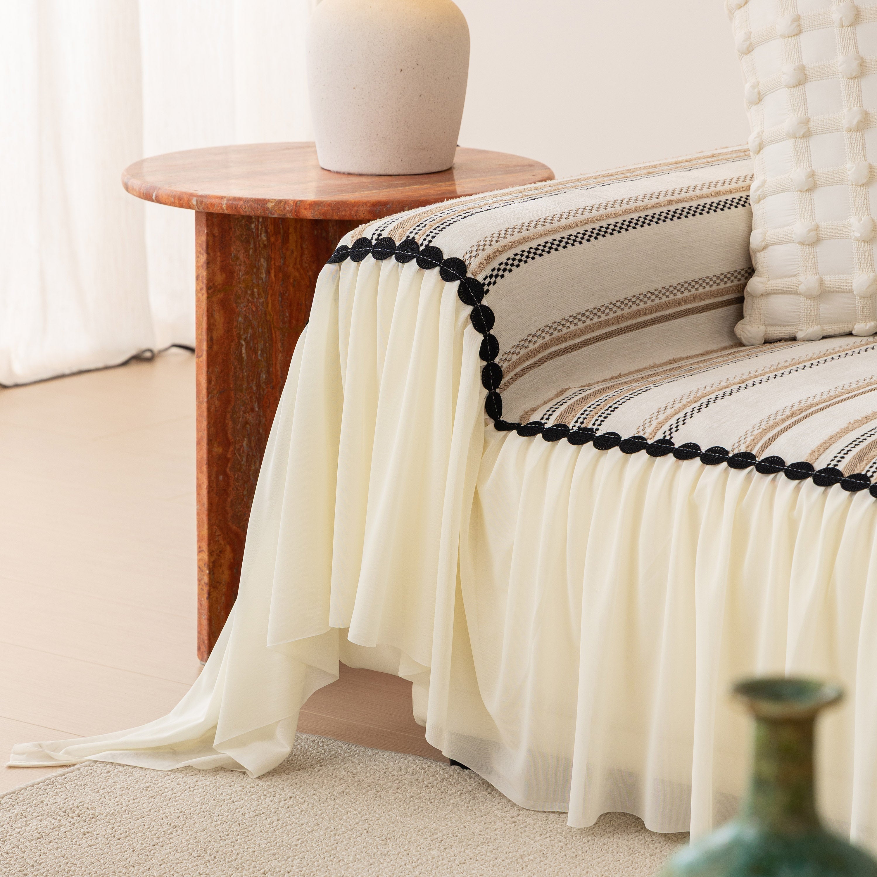 Boho Striped Couch Cover With Sheer Ruffle Skirt, Decorative Couch Throw Blanket