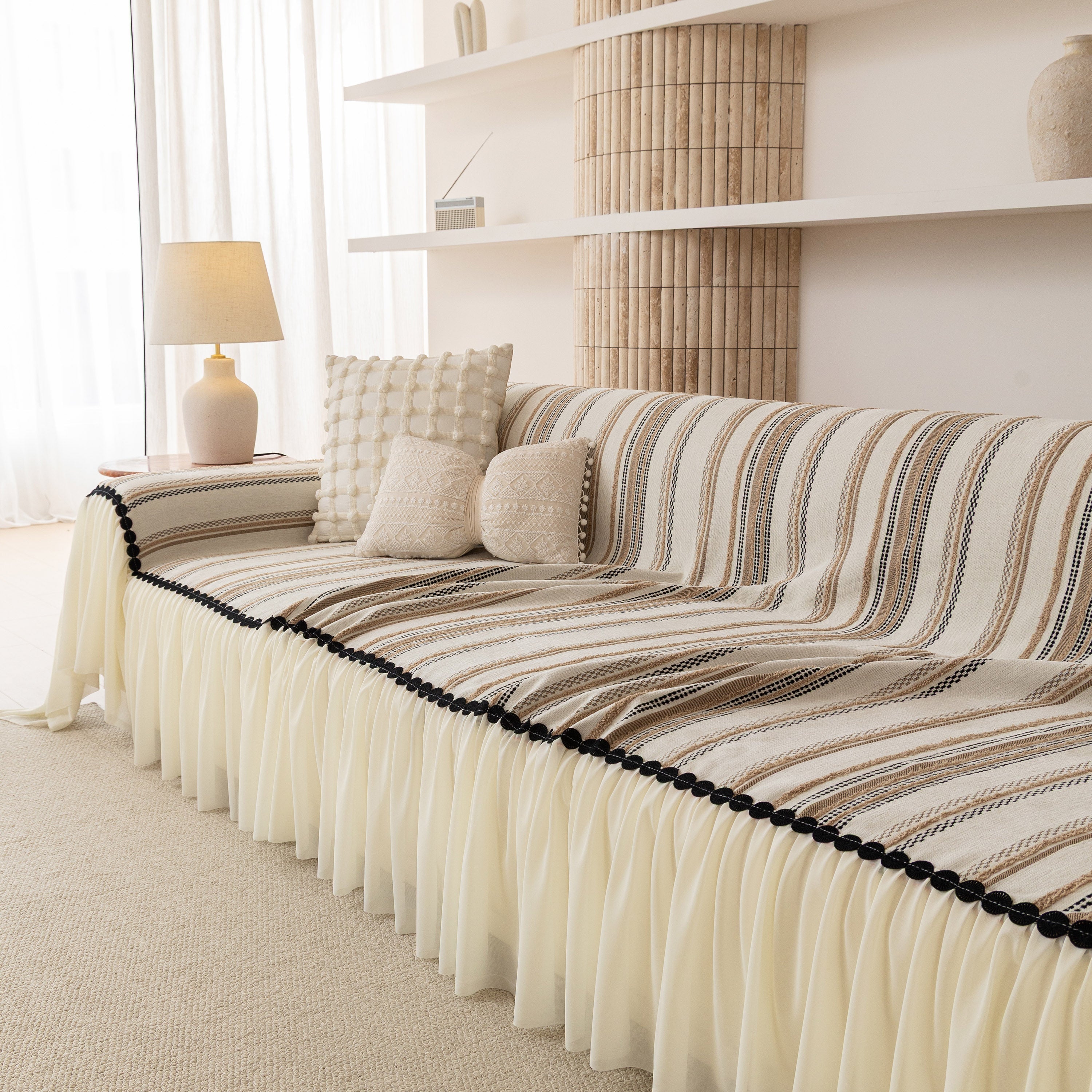Boho Striped Couch Cover With Sheer Ruffle Skirt, Decorative Couch Throw Blanket