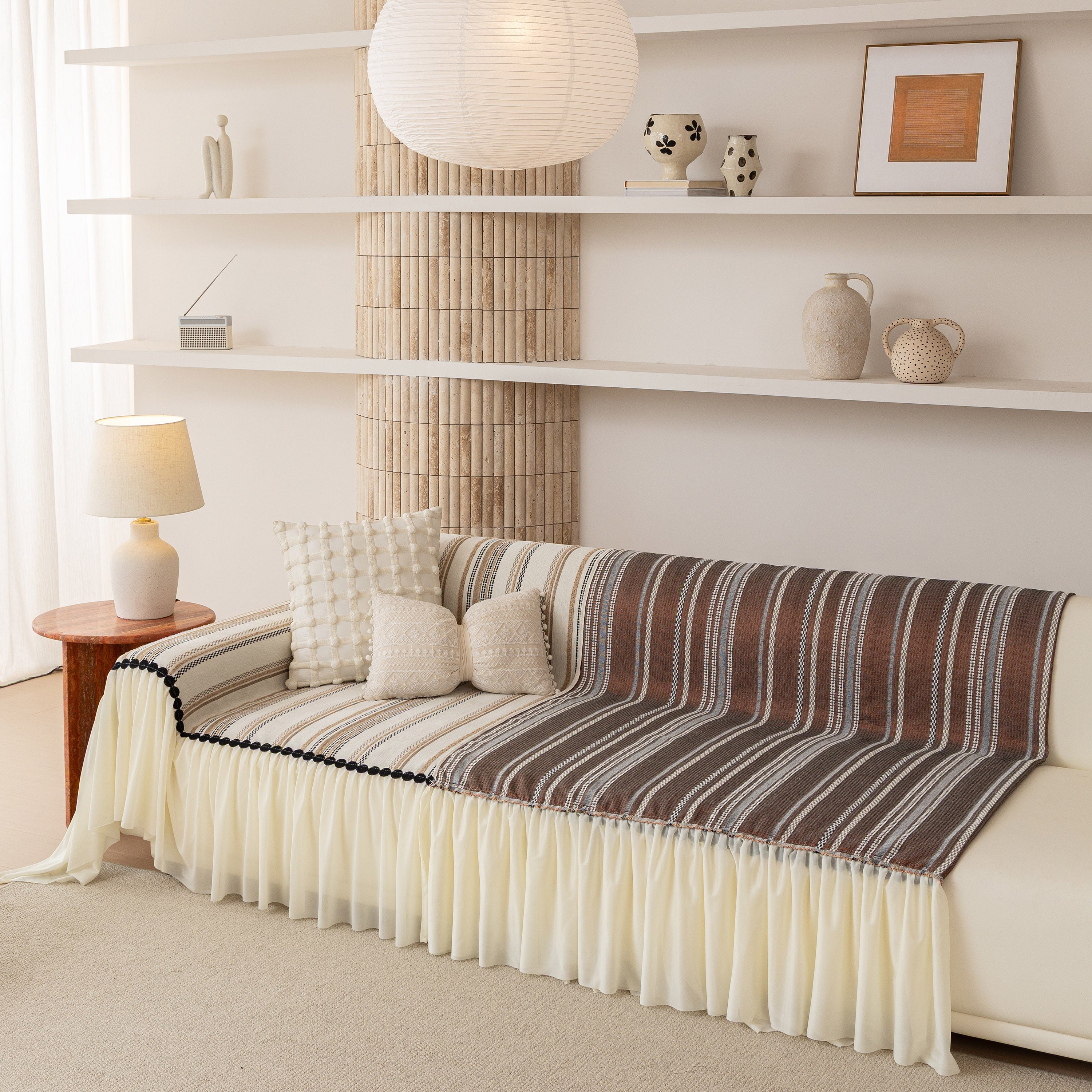 Boho Striped Couch Cover With Sheer Ruffle Skirt, Decorative Couch Throw Blanket