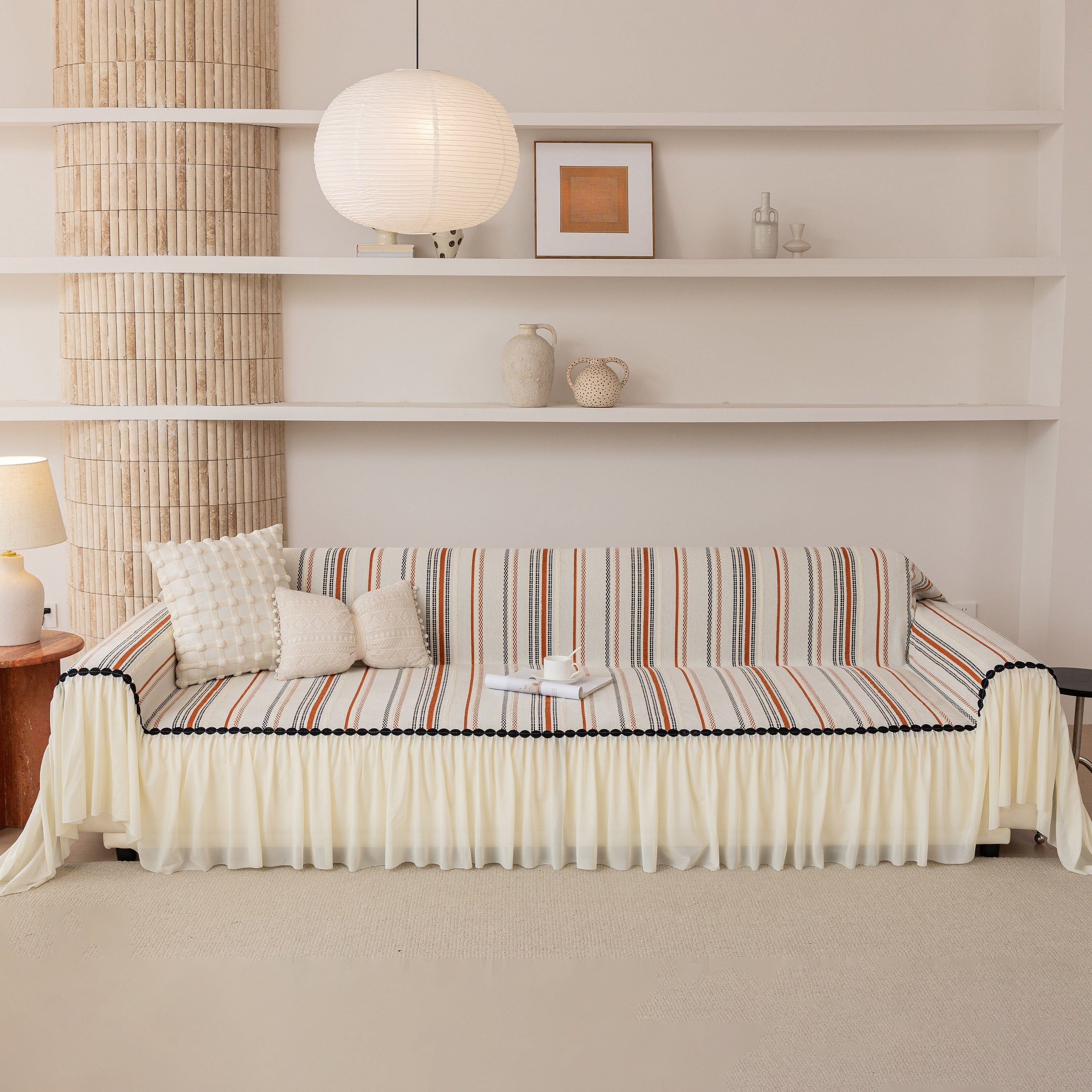 Boho Striped Couch Cover With Sheer Ruffle Skirt, Decorative Couch Throw Blanket