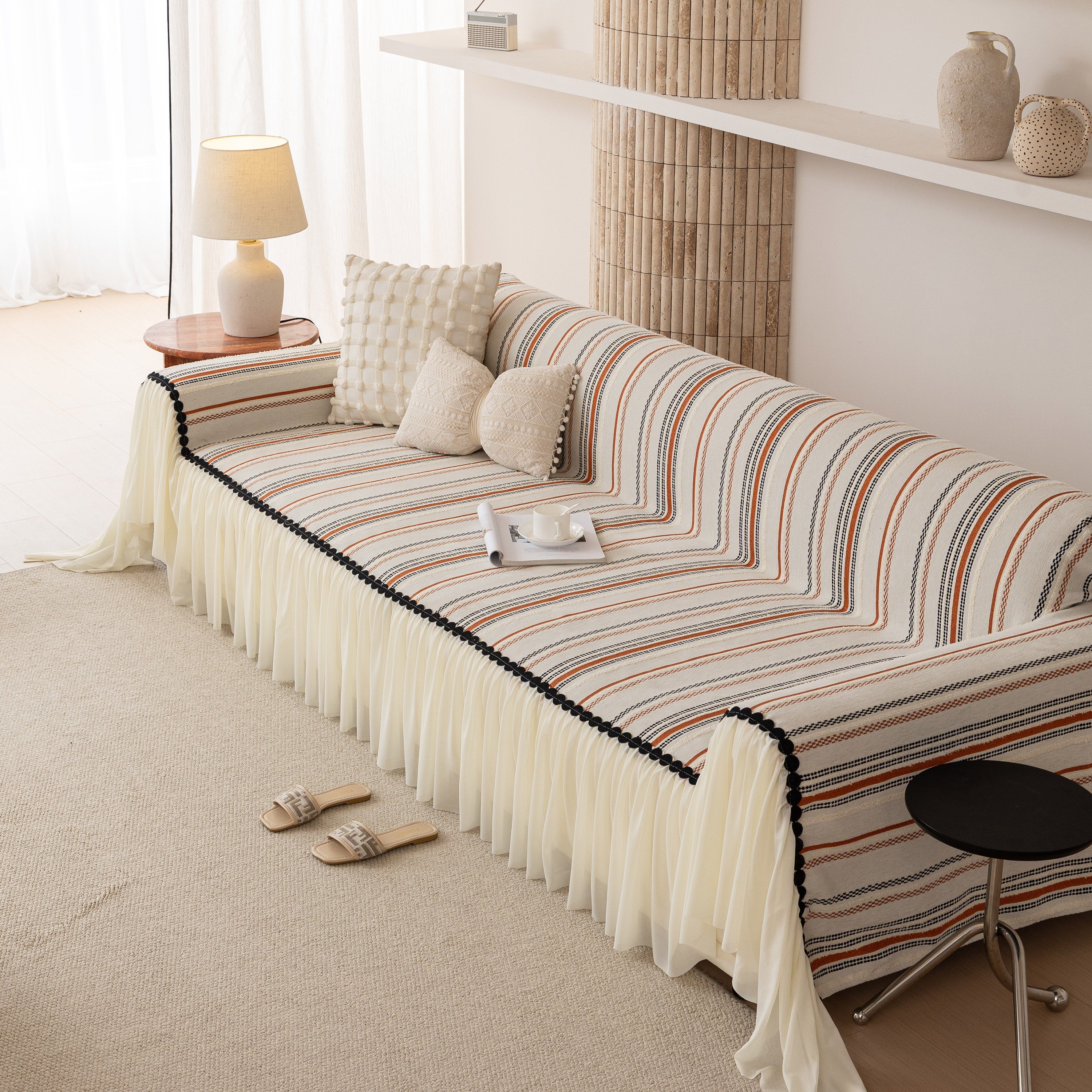 Boho Striped Couch Cover With Sheer Ruffle Skirt, Decorative Couch Throw Blanket
