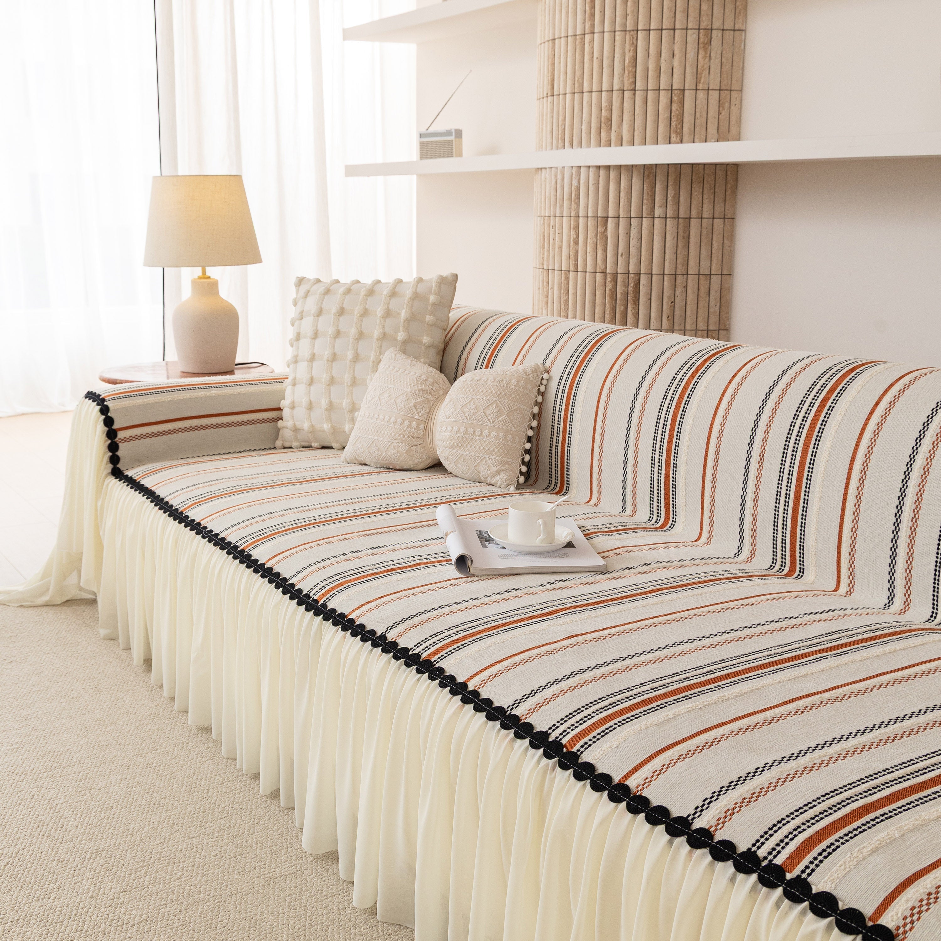 Boho Striped Couch Cover With Sheer Ruffle Skirt, Decorative Couch Throw Blanket