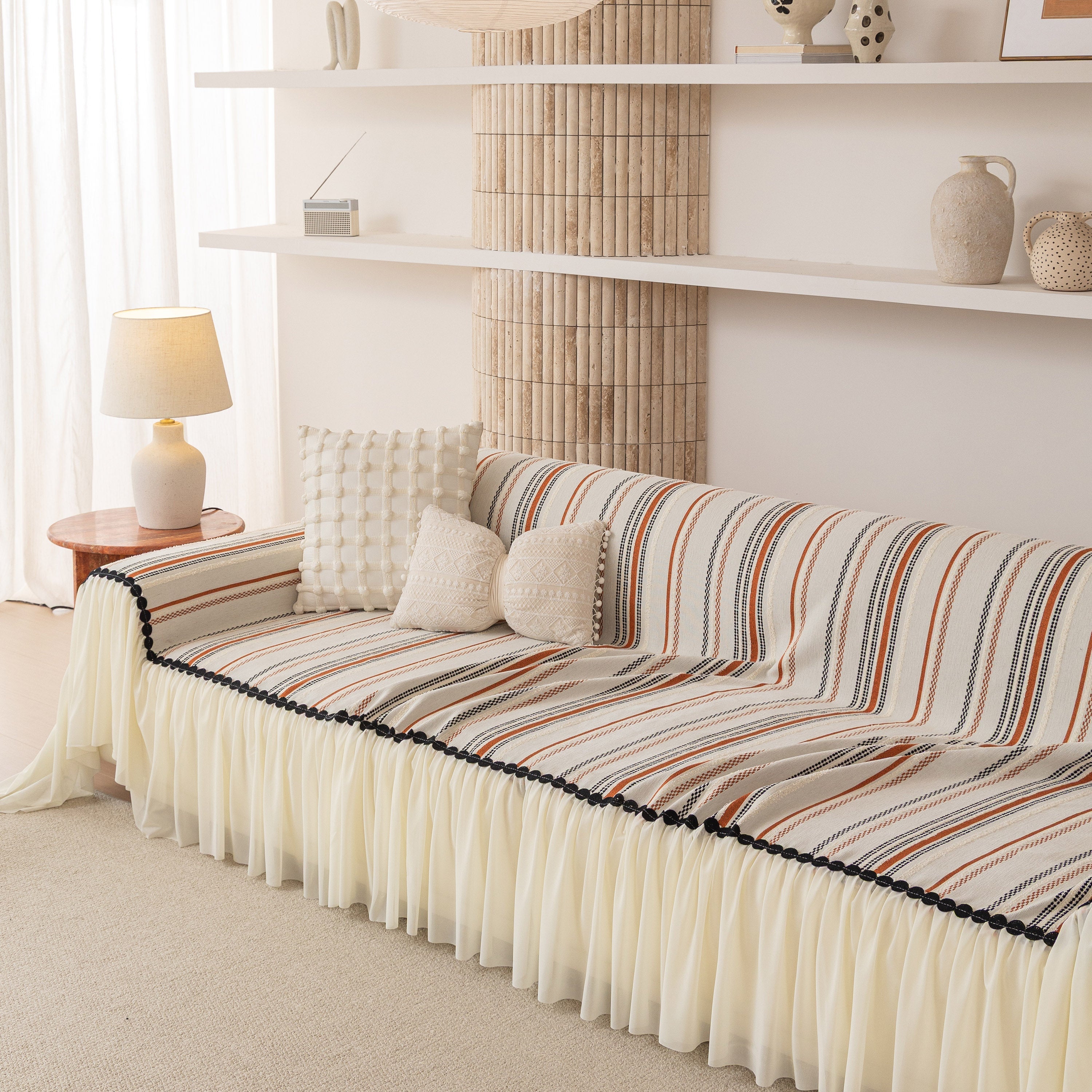 Boho Striped Couch Cover With Sheer Ruffle Skirt, Decorative Couch Throw Blanket