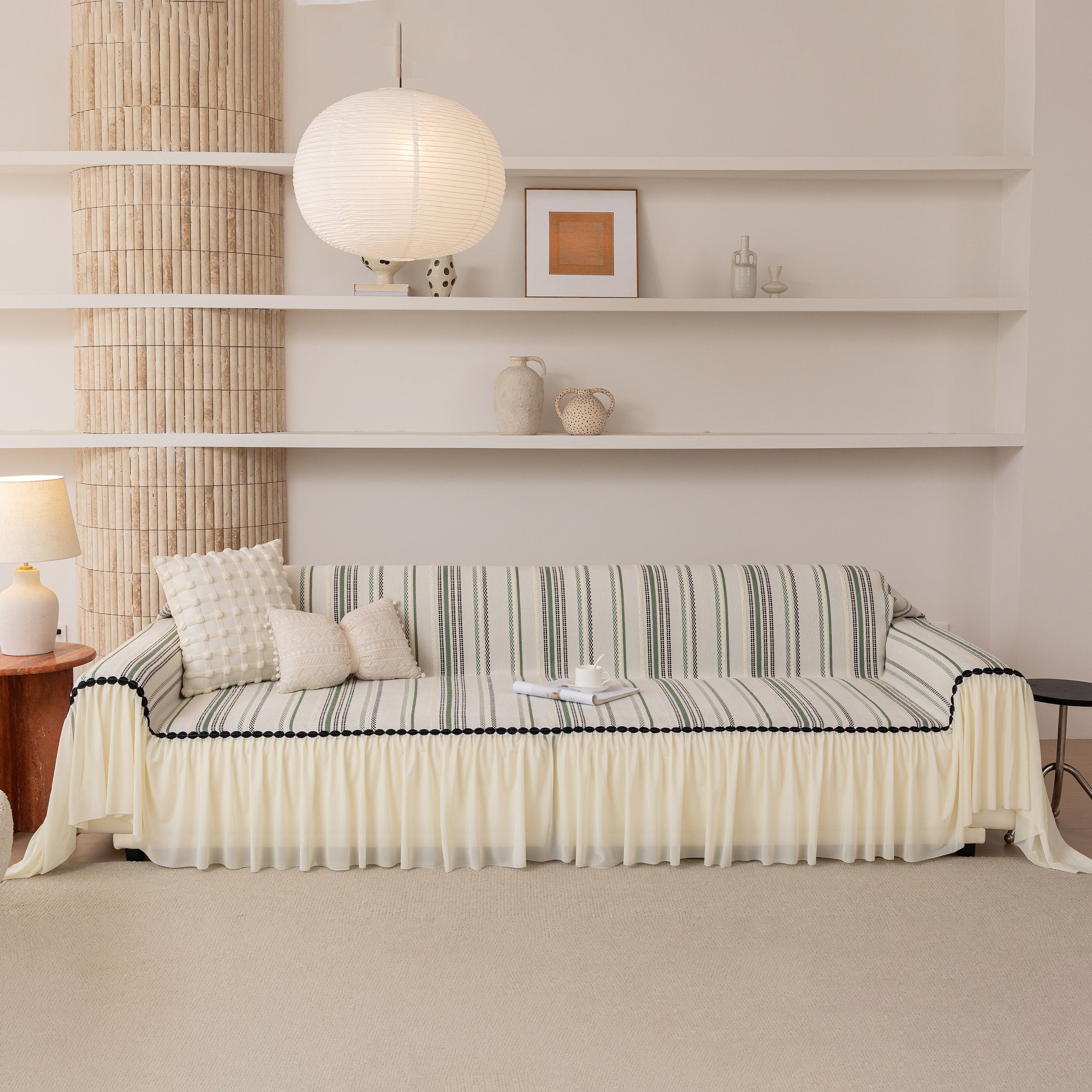Boho Striped Couch Cover With Sheer Ruffle Skirt, Decorative Couch Throw Blanket