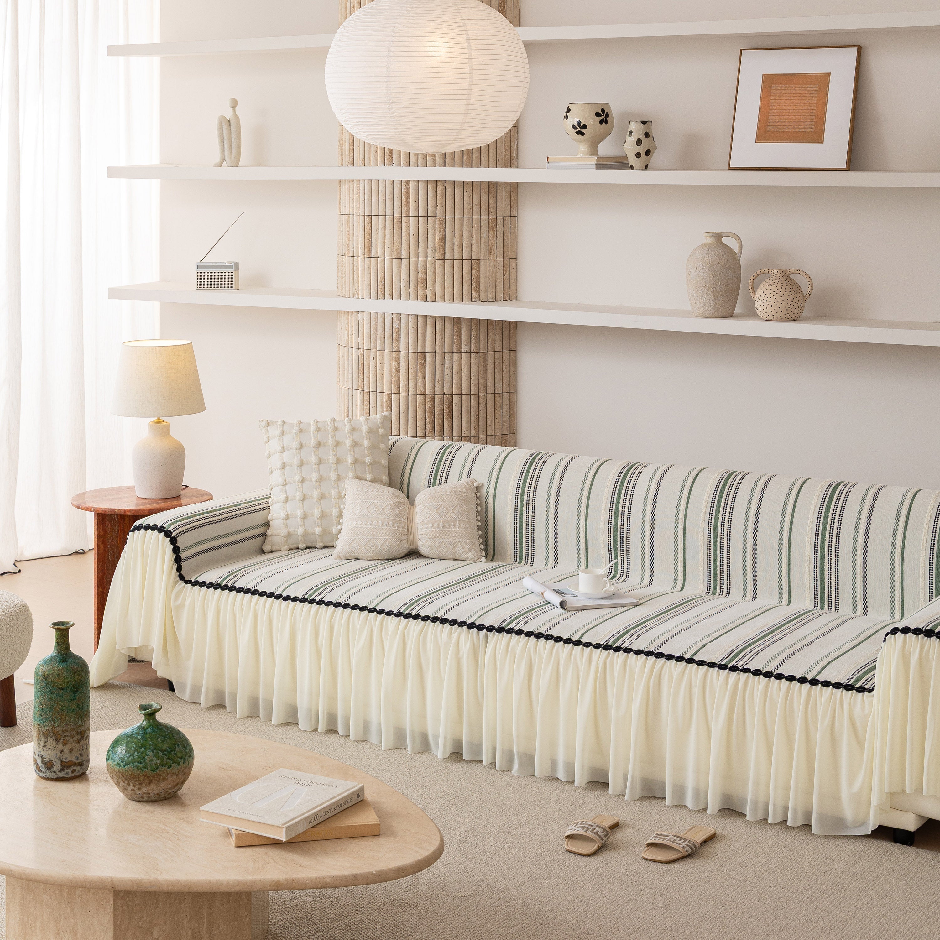 Boho Striped Couch Cover With Sheer Ruffle Skirt, Decorative Couch Throw Blanket