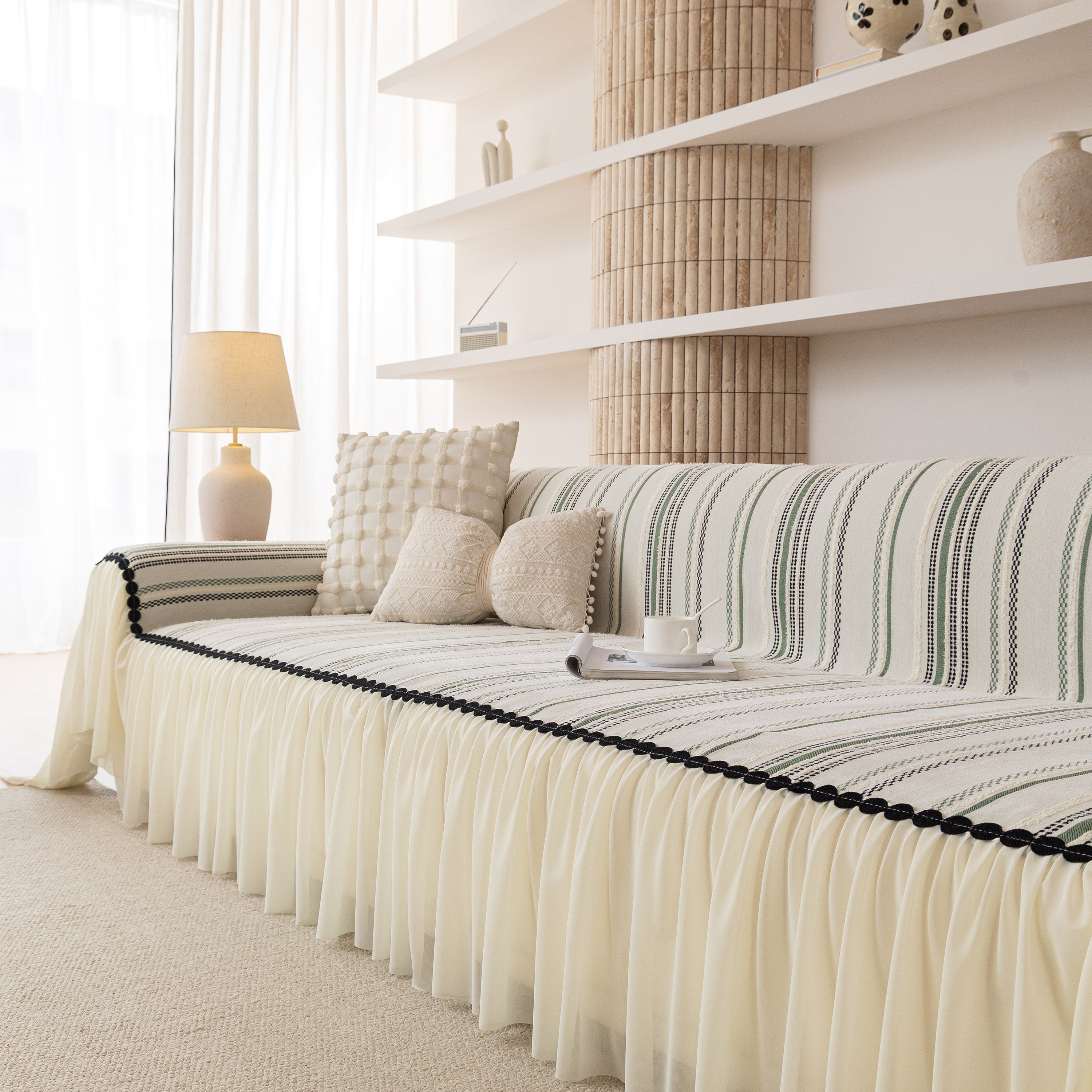 Boho Striped Couch Cover With Sheer Ruffle Skirt, Decorative Couch Throw Blanket