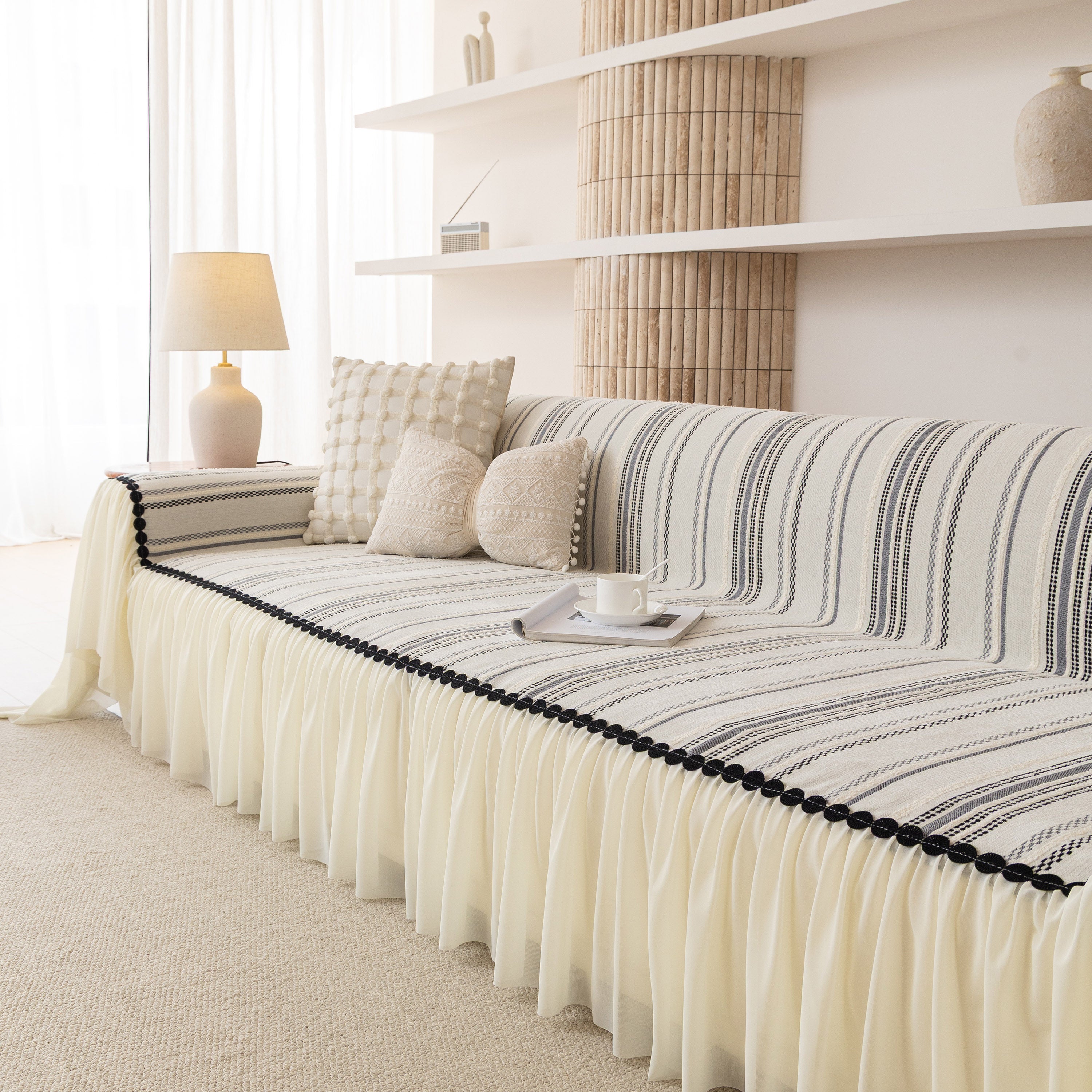 Boho Striped Couch Cover With Sheer Ruffle Skirt, Decorative Couch Throw Blanket
