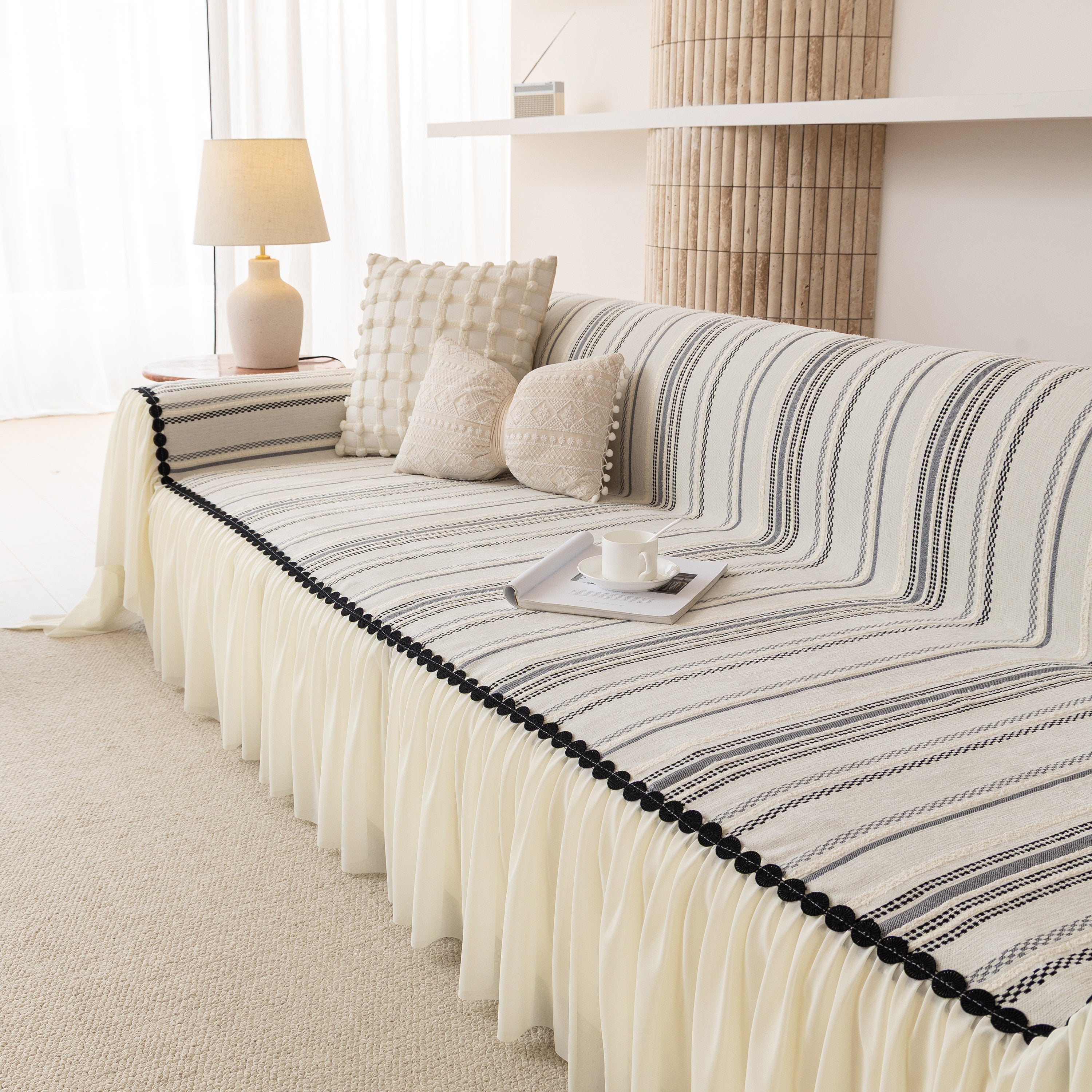 Boho Striped Couch Cover With Sheer Ruffle Skirt, Decorative Couch Throw Blanket