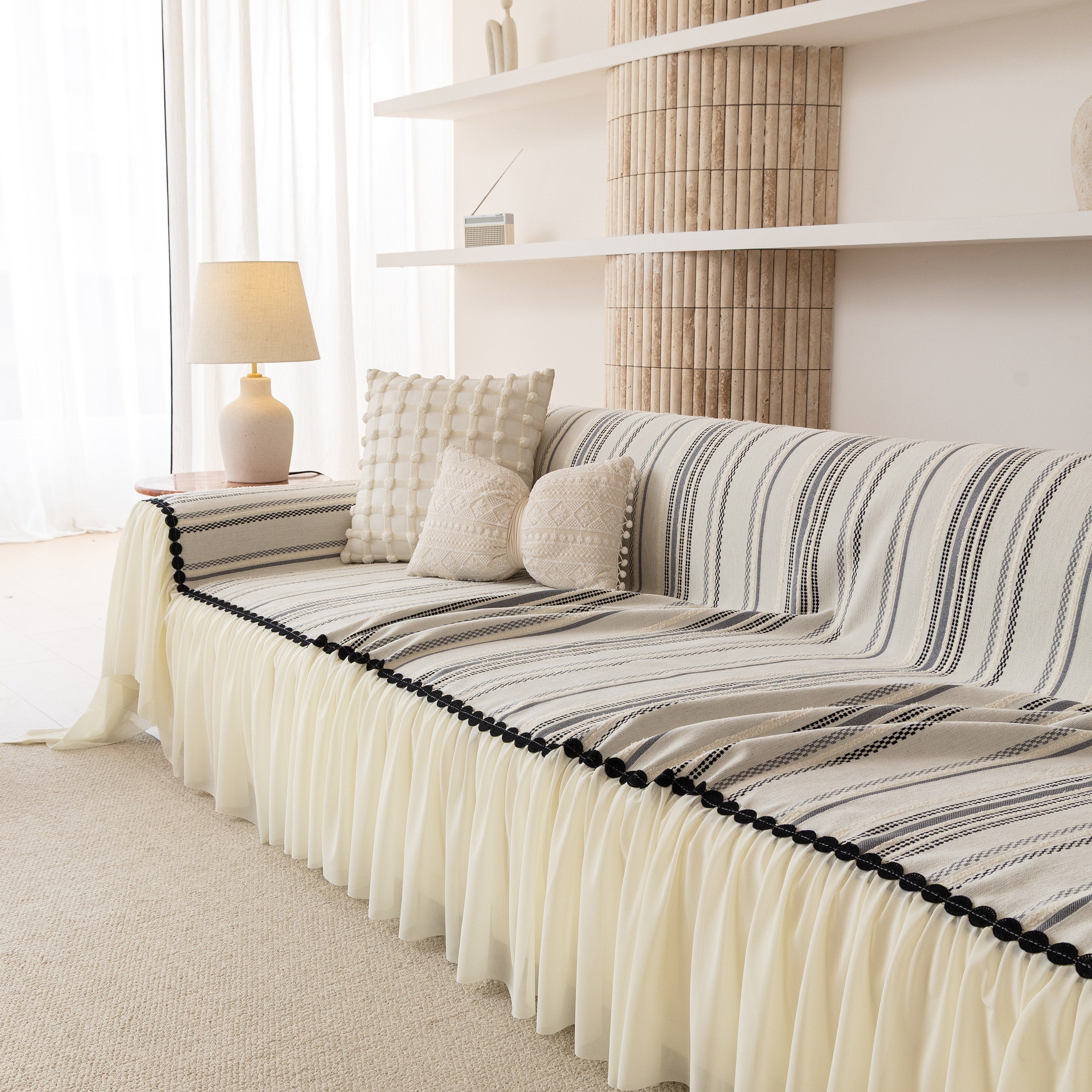 Boho Striped Couch Cover With Sheer Ruffle Skirt, Decorative Couch Throw Blanket