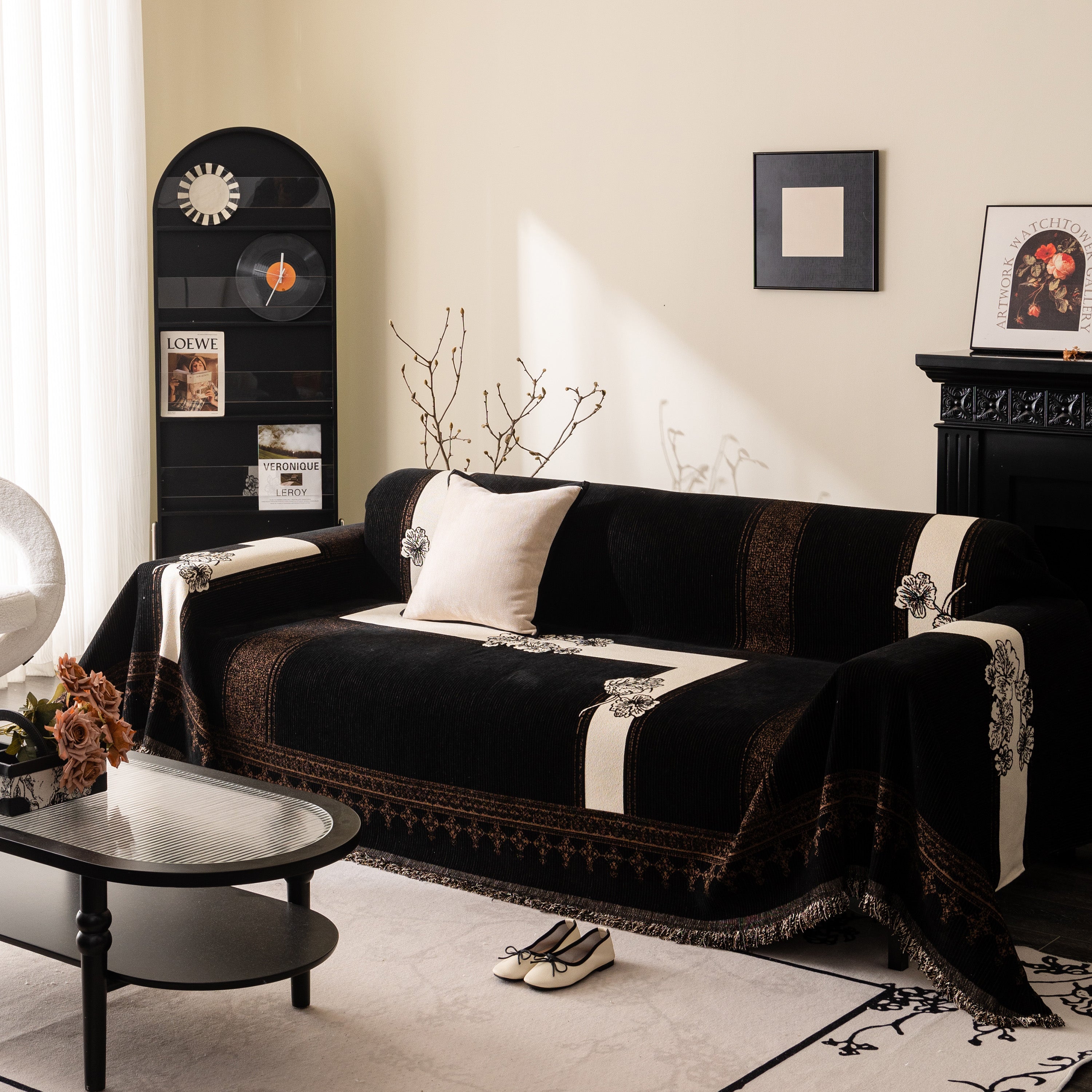 Jacquard Floral Band Sofa Cover With Tassels, Thick Textured Couch Throw Blanket