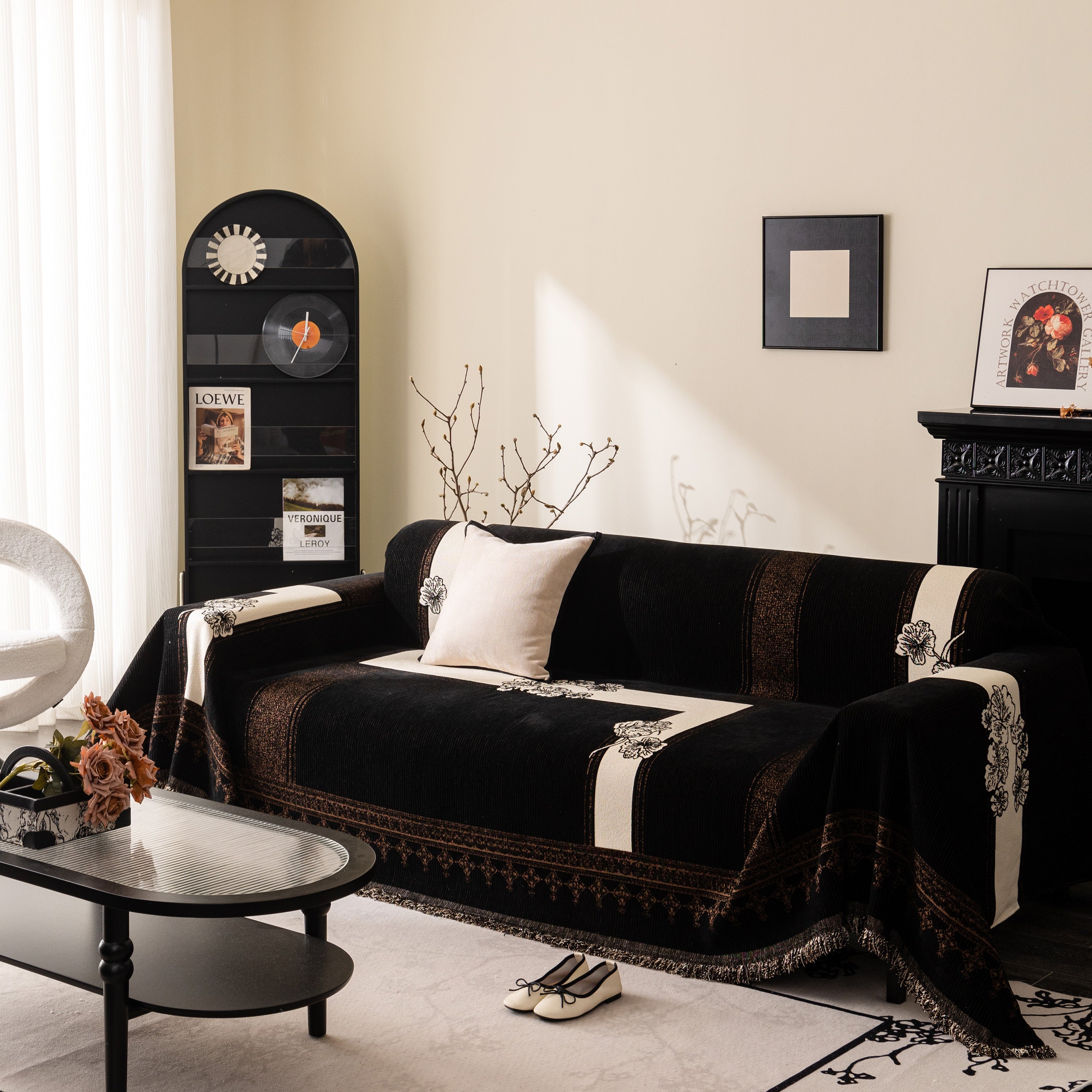 Jacquard Floral Band Sofa Cover With Tassels, Thick Textured Couch Throw Blanket