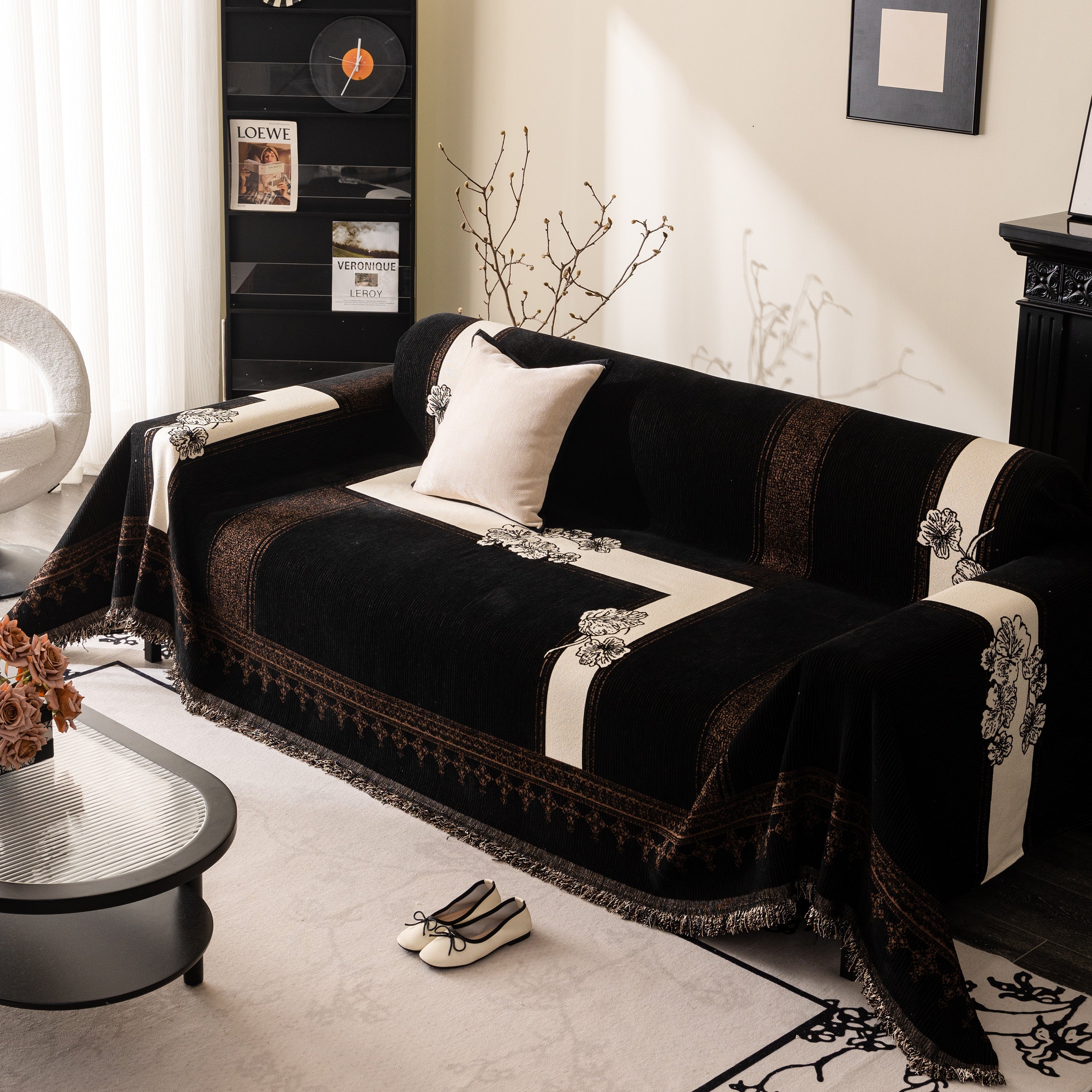 Jacquard Floral Band Sofa Cover With Tassels, Thick Textured Couch Throw Blanket