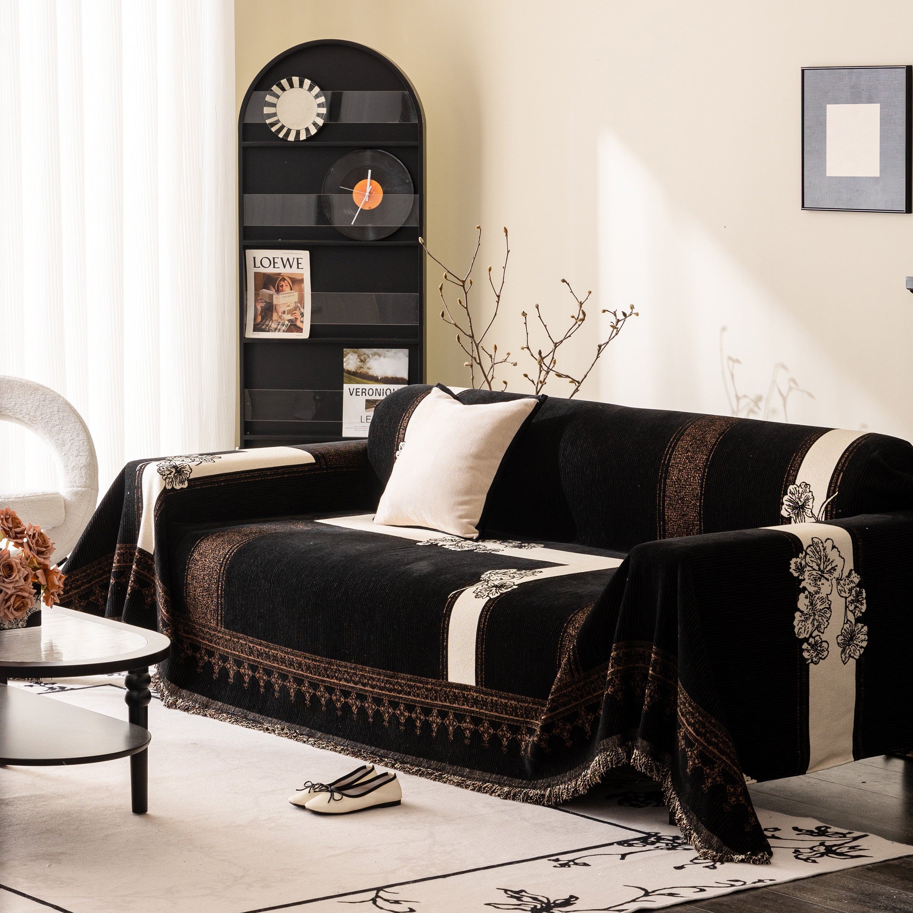 Jacquard Floral Band Sofa Cover With Tassels, Thick Textured Couch Throw Blanket