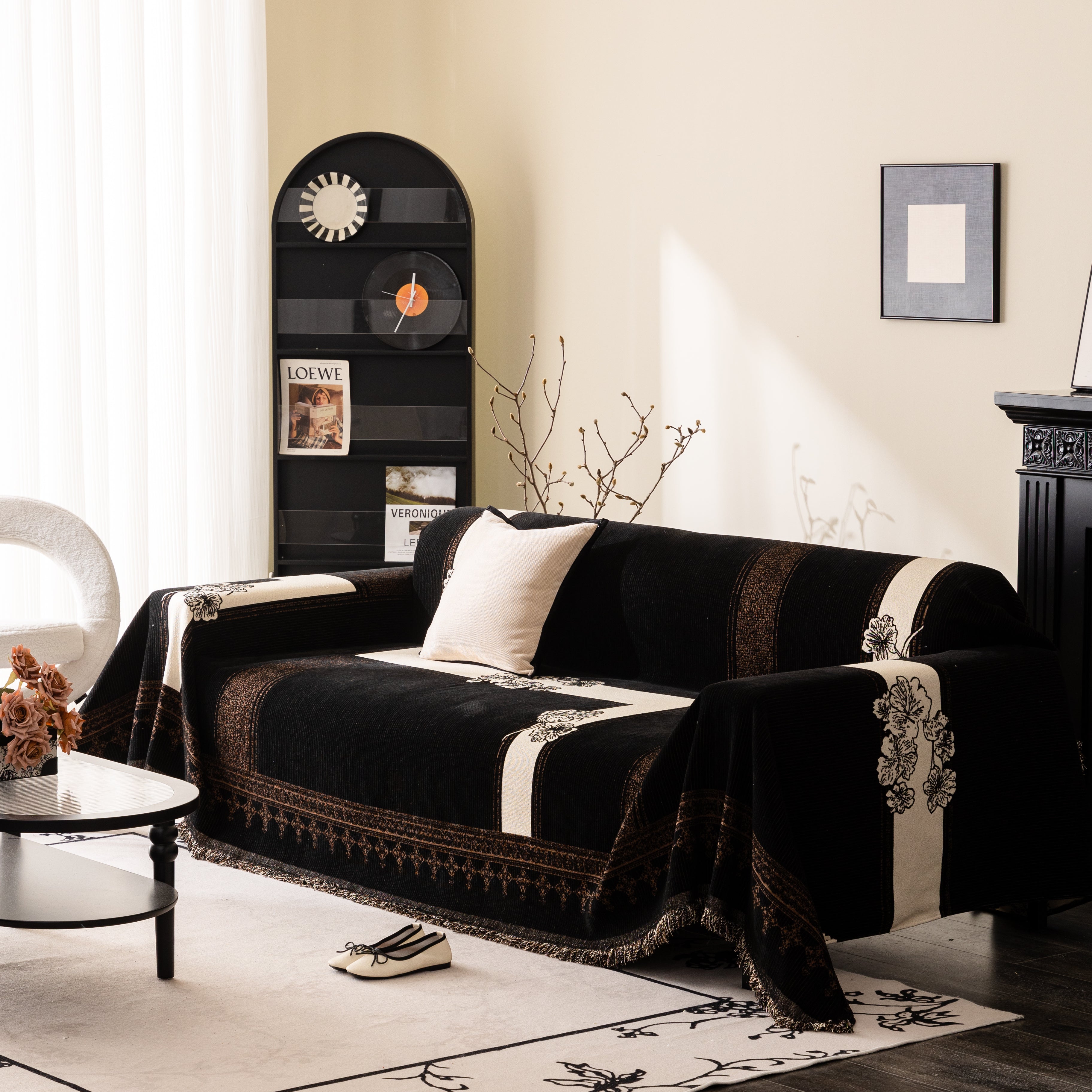 Jacquard Floral Band Sofa Cover With Tassels, Thick Textured Couch Throw Blanket