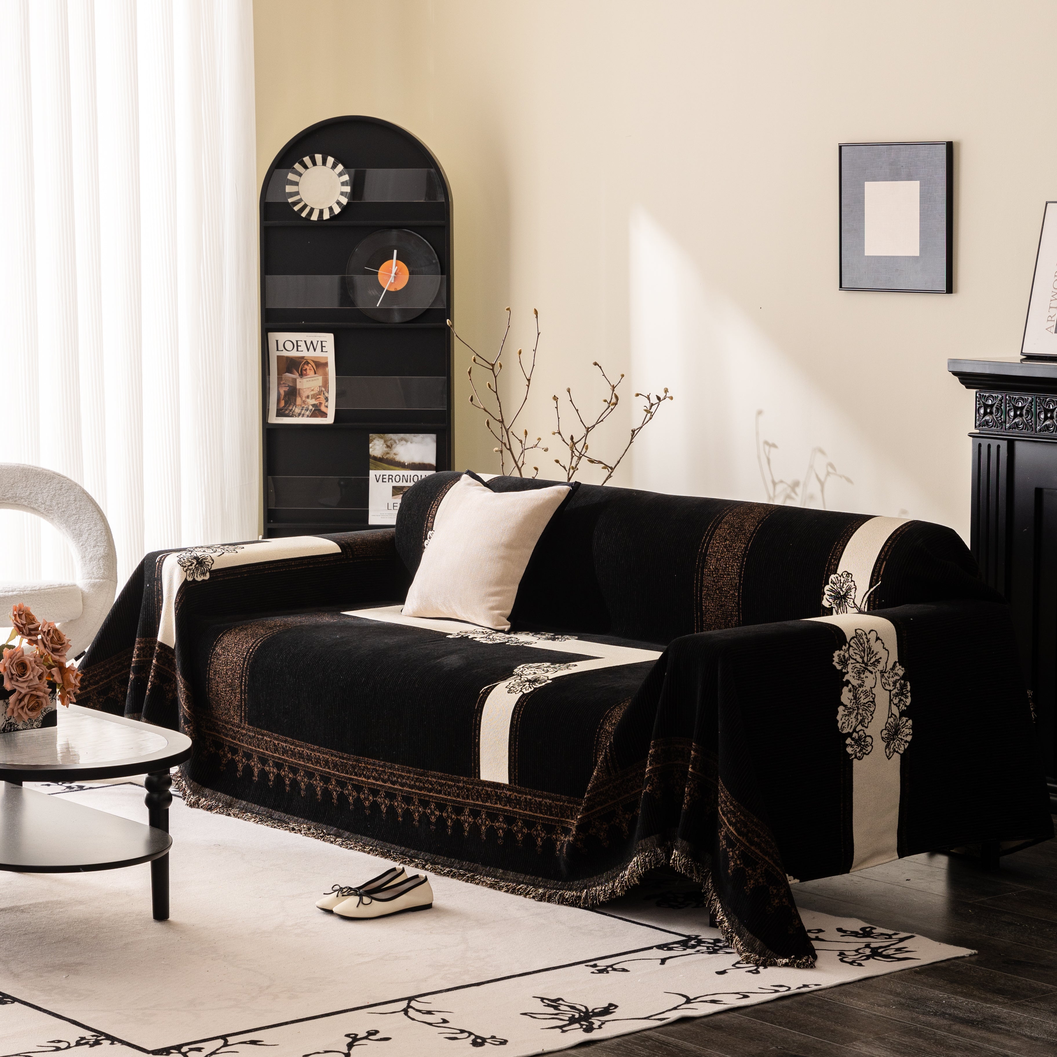 Jacquard Floral Band Sofa Cover With Tassels, Thick Textured Couch Throw Blanket